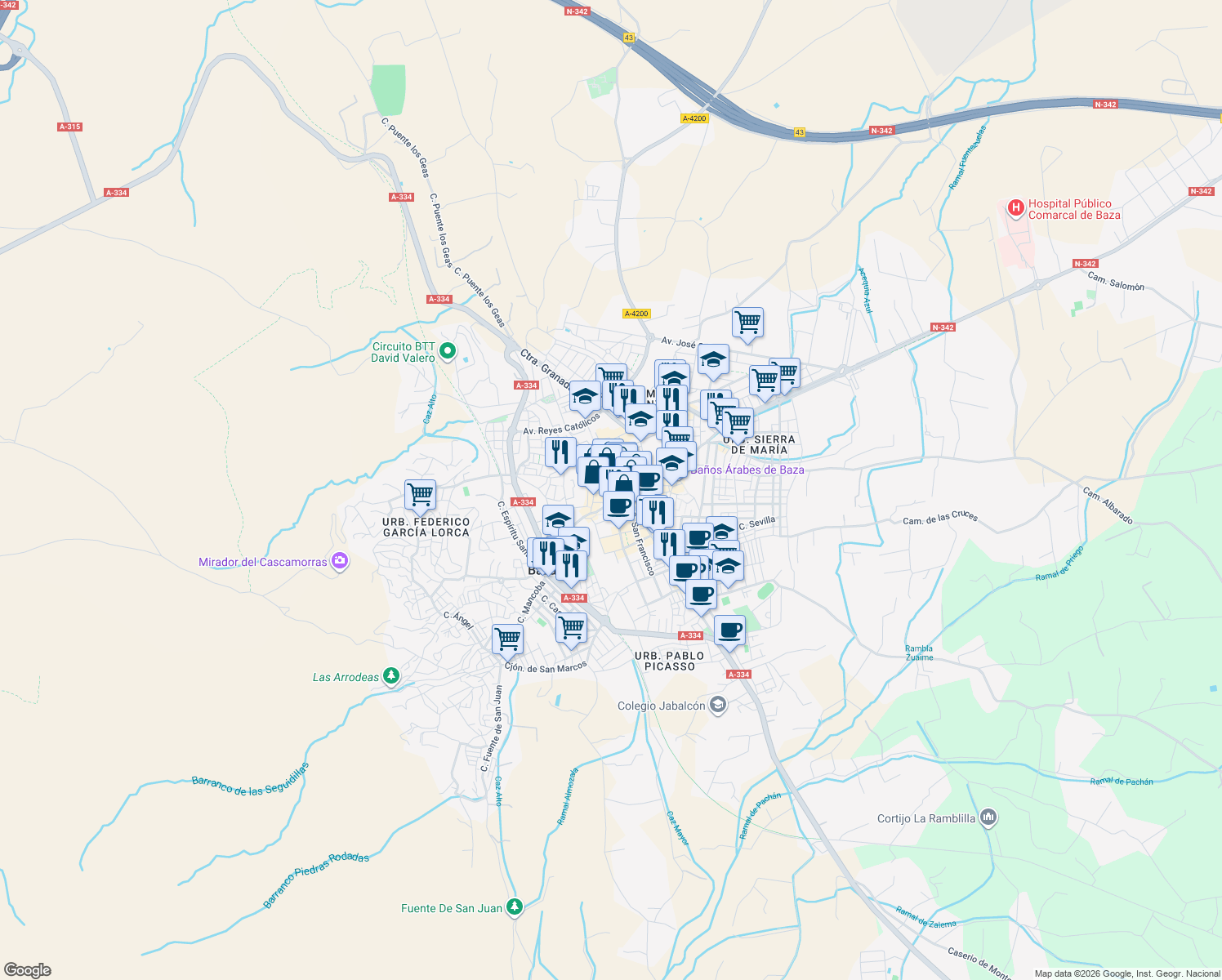 map of restaurants, bars, coffee shops, grocery stores, and more near 1 Calle Serrano in Baza