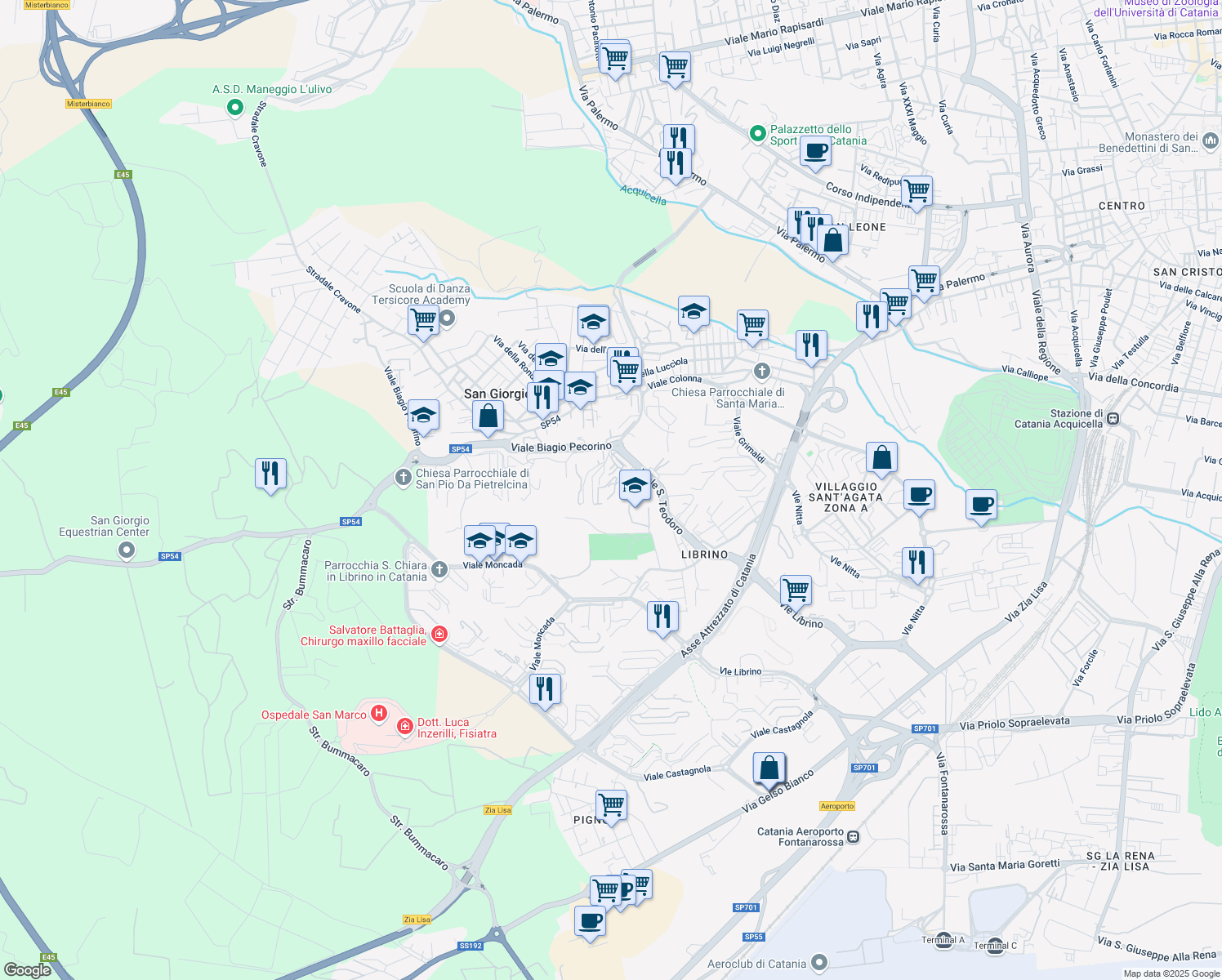 map of restaurants, bars, coffee shops, grocery stores, and more near 27 Viale San Teodoro in Città metropolitana di Catania