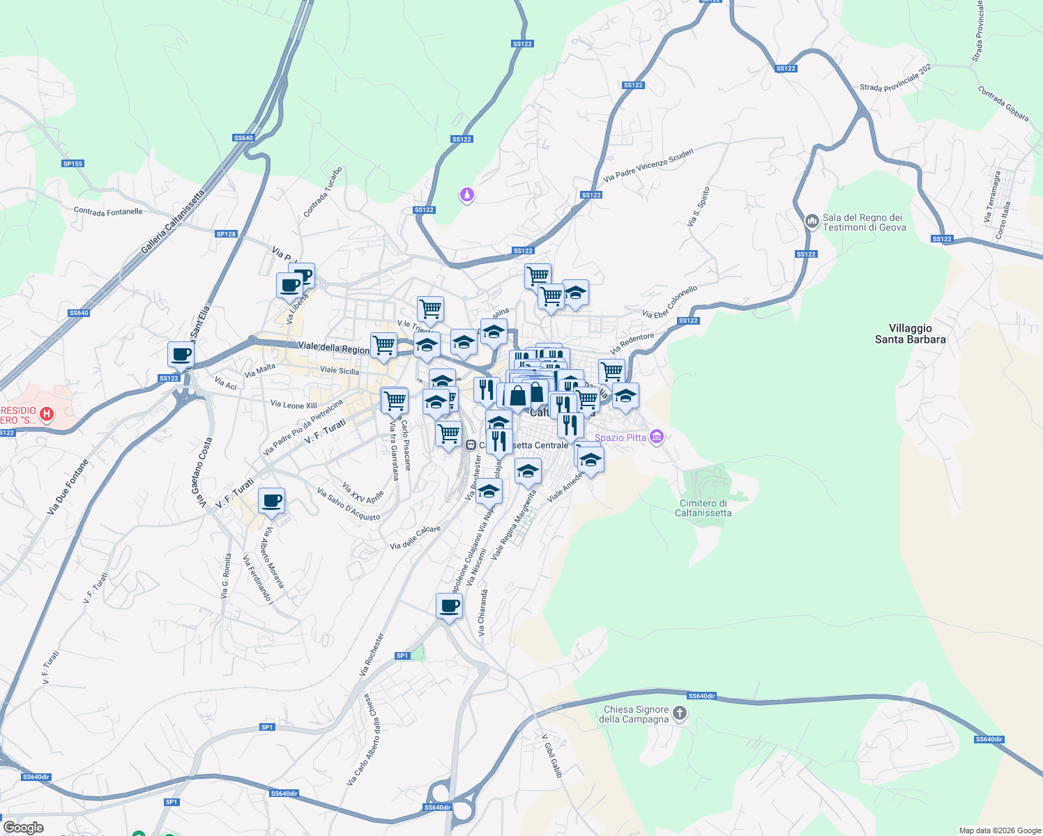 map of restaurants, bars, coffee shops, grocery stores, and more near 9 Via Atene in Caltanissetta