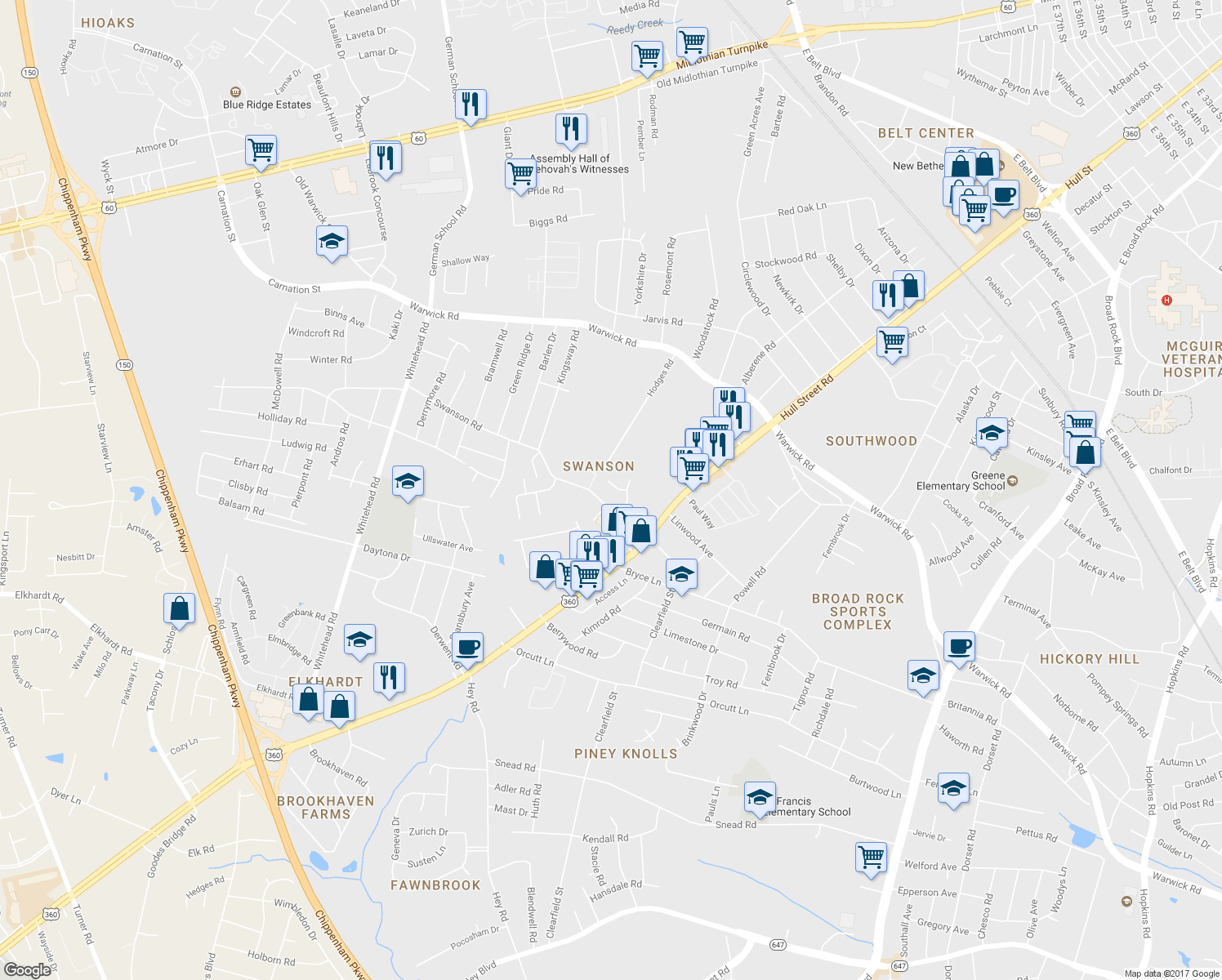 map of restaurants, bars, coffee shops, grocery stores, and more near 5631 Marc Manor Court in Richmond