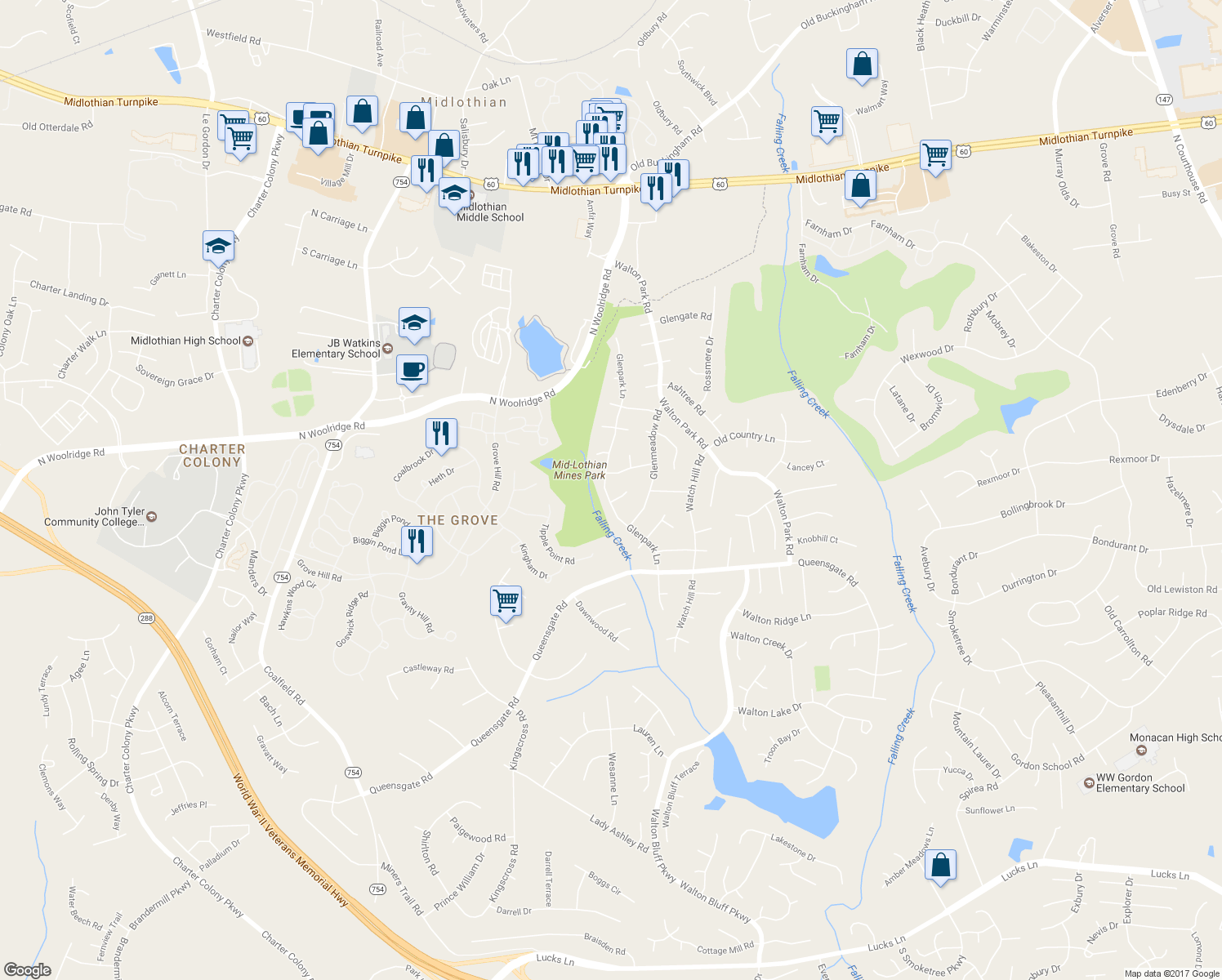 map of restaurants, bars, coffee shops, grocery stores, and more near 619 Glenpark Lane in Midlothian