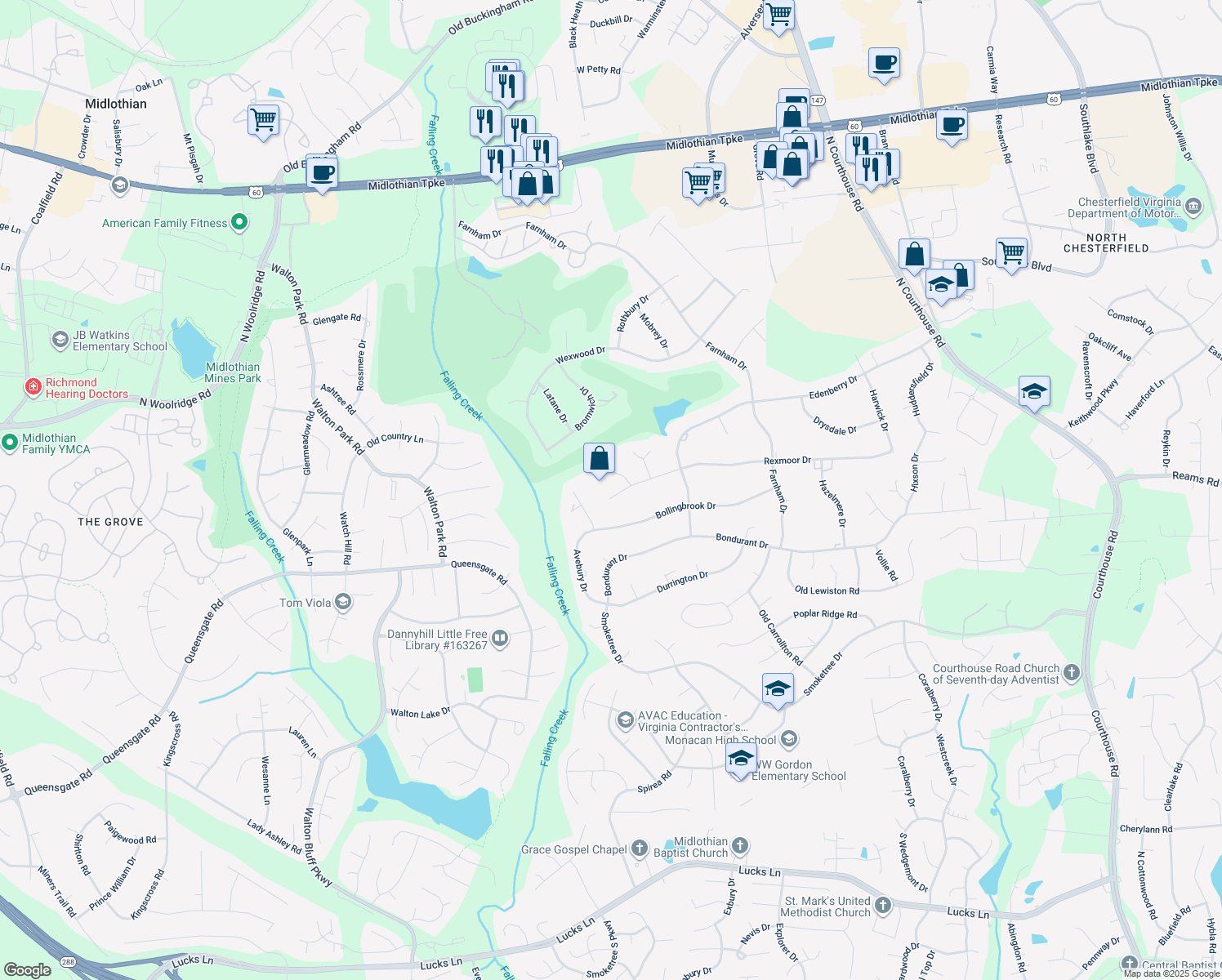 map of restaurants, bars, coffee shops, grocery stores, and more near 11920 Rexmoor Drive in Richmond