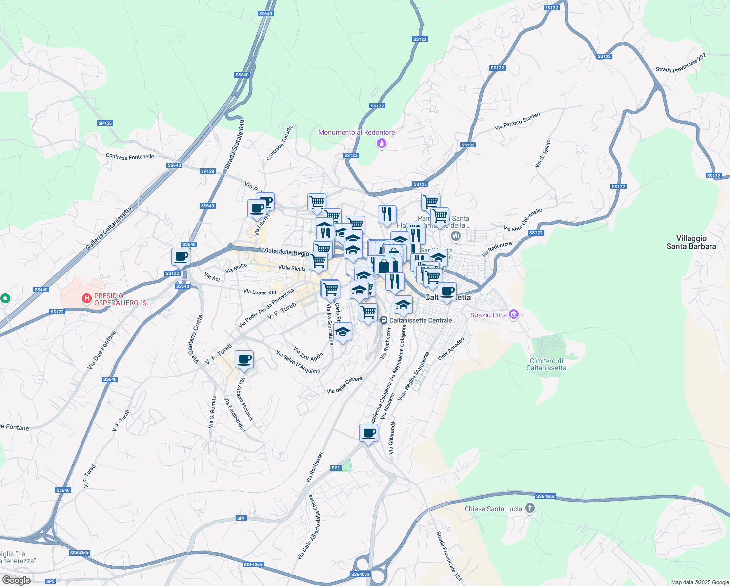 map of restaurants, bars, coffee shops, grocery stores, and more near 18 Piazza Don Luigi Sturzo in Caltanissetta