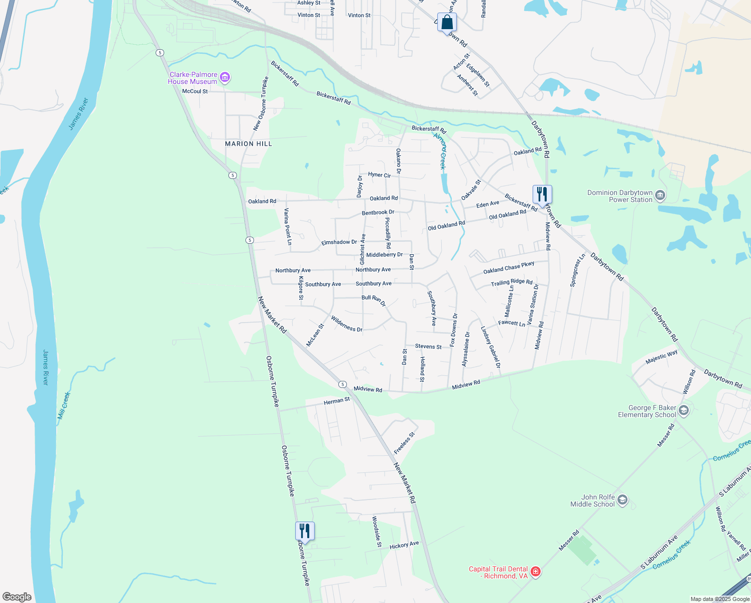 map of restaurants, bars, coffee shops, grocery stores, and more near 1407 Bull Run Drive in Henrico