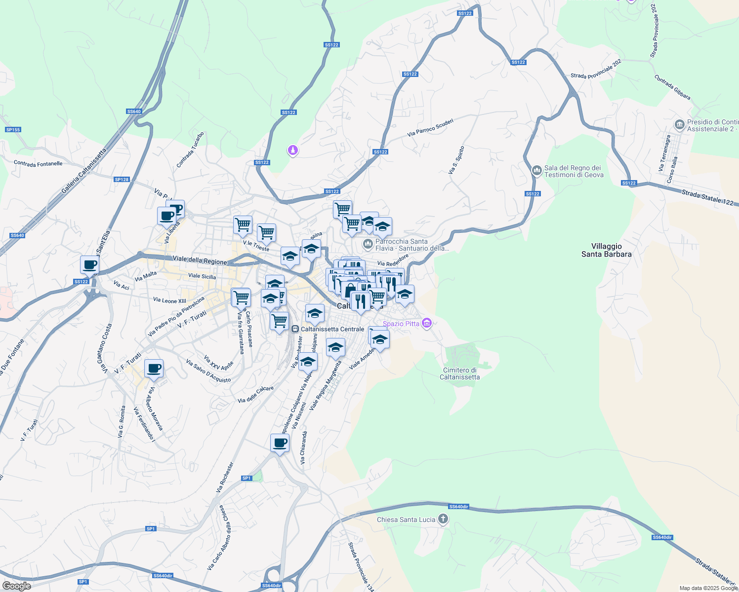 map of restaurants, bars, coffee shops, grocery stores, and more near 5 Via Bellini in Caltanissetta