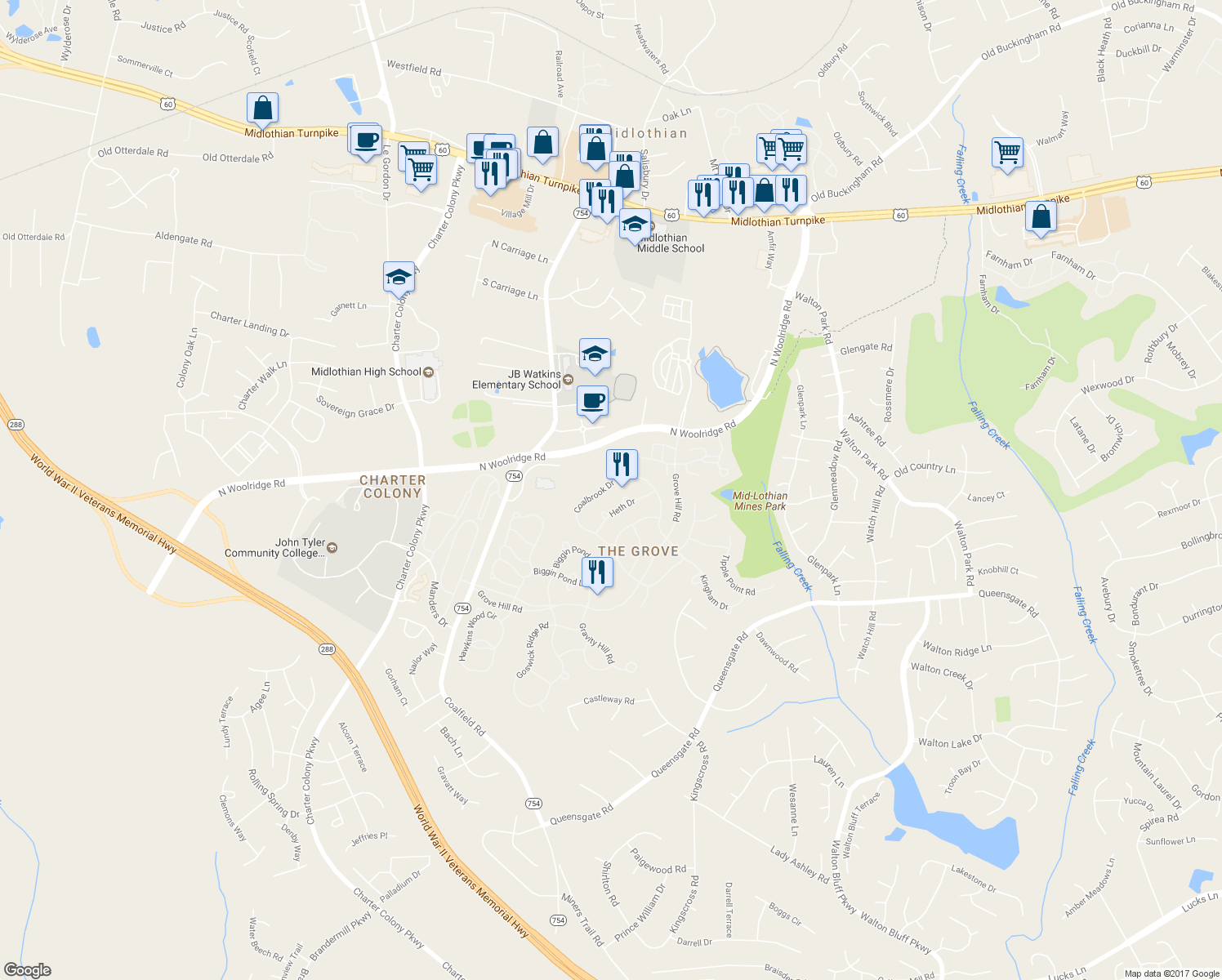 map of restaurants, bars, coffee shops, grocery stores, and more near 618 Coalbrook Drive in Midlothian