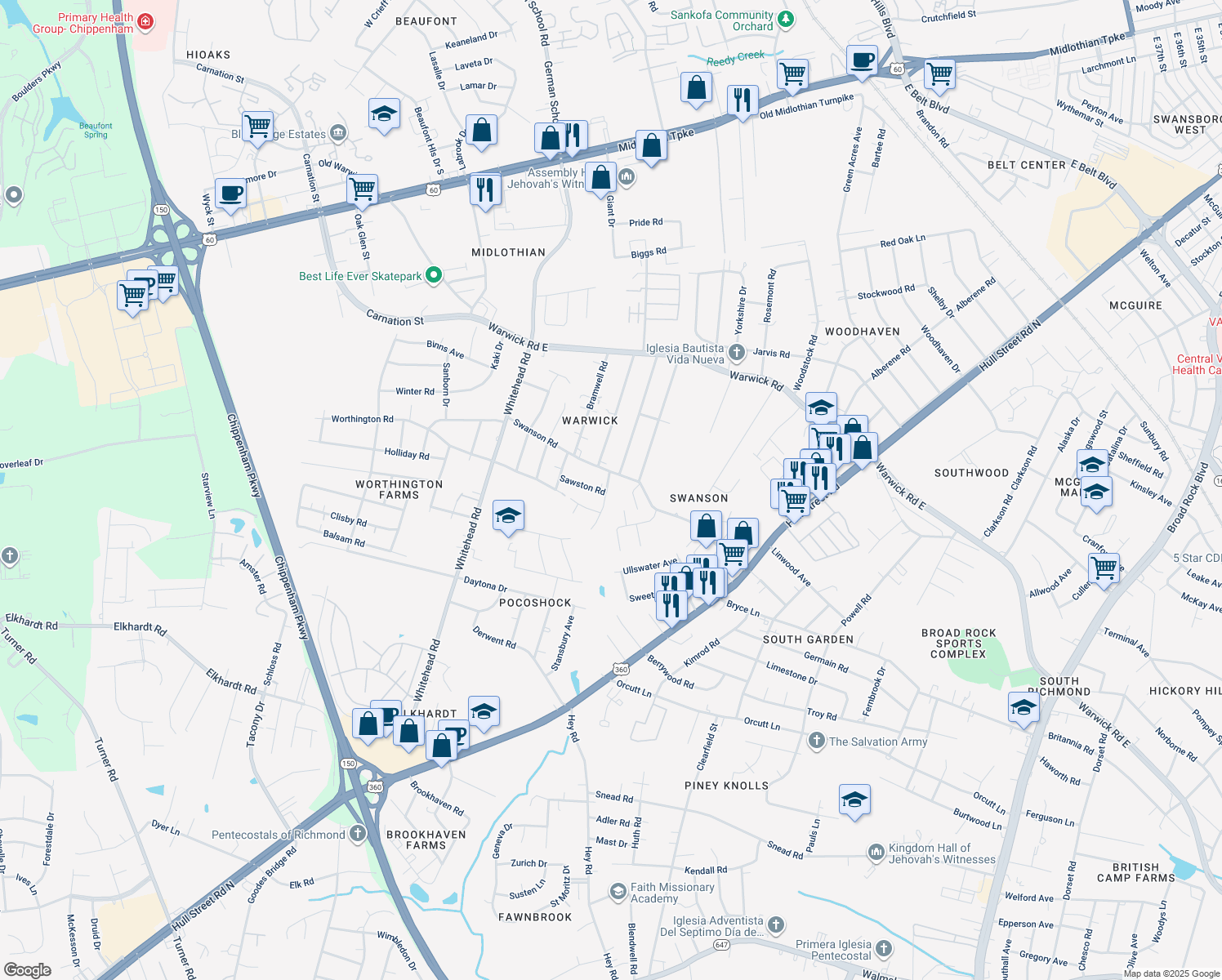 map of restaurants, bars, coffee shops, grocery stores, and more near 1025 Judson Road in Richmond