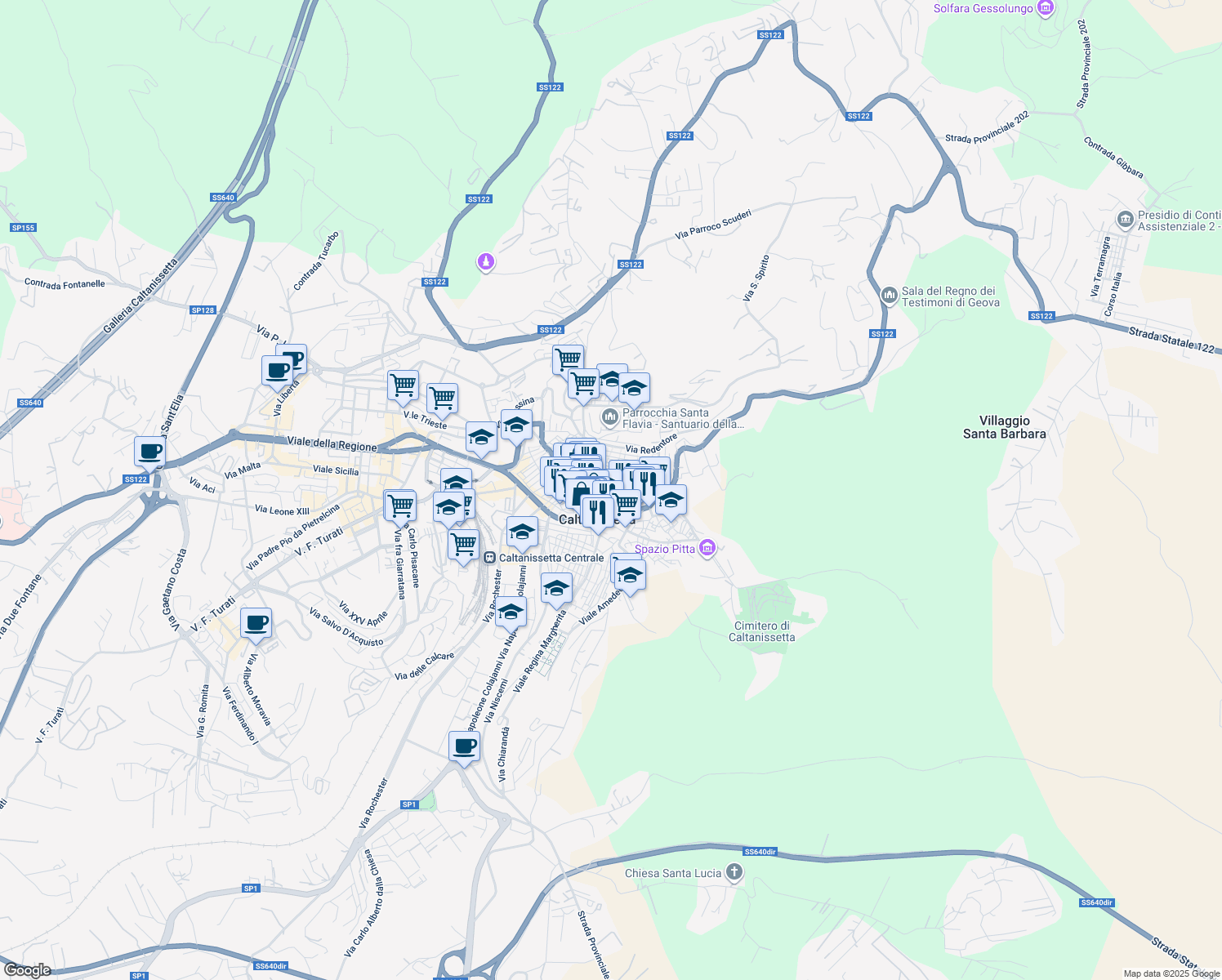 map of restaurants, bars, coffee shops, grocery stores, and more near 1-5 Via Bellini in Caltanissetta