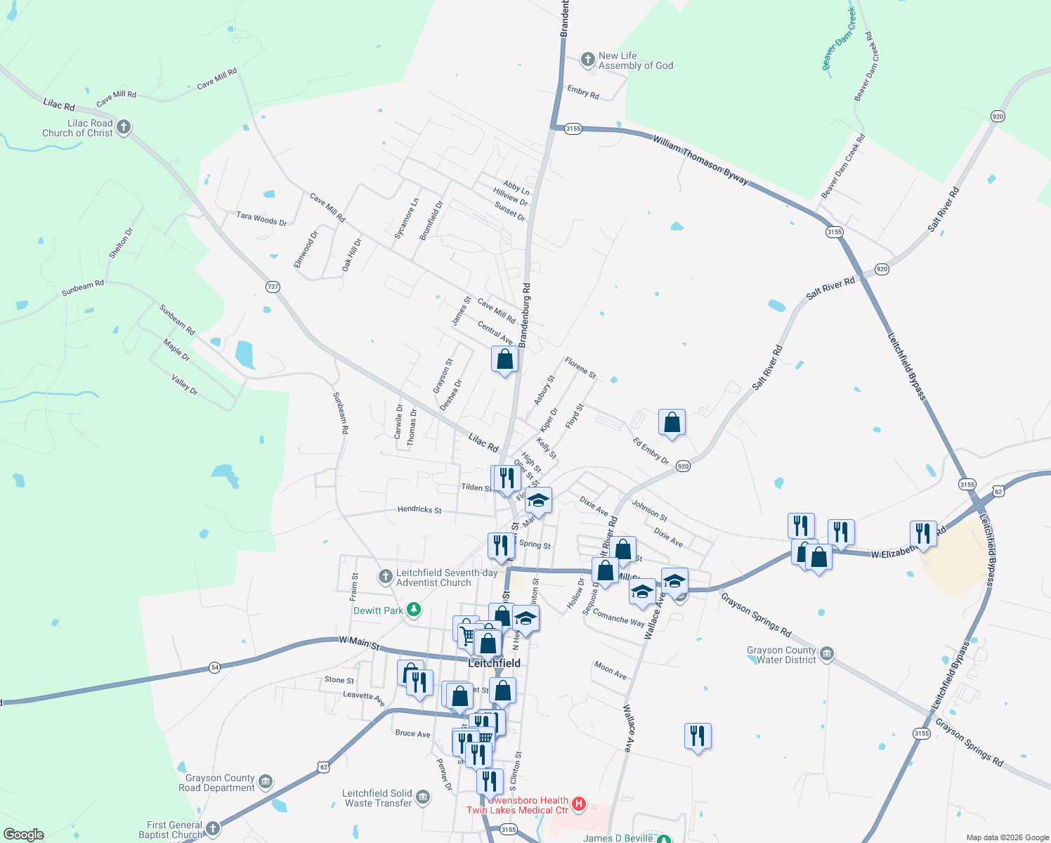 map of restaurants, bars, coffee shops, grocery stores, and more near 1399 Asbury Street in Leitchfield