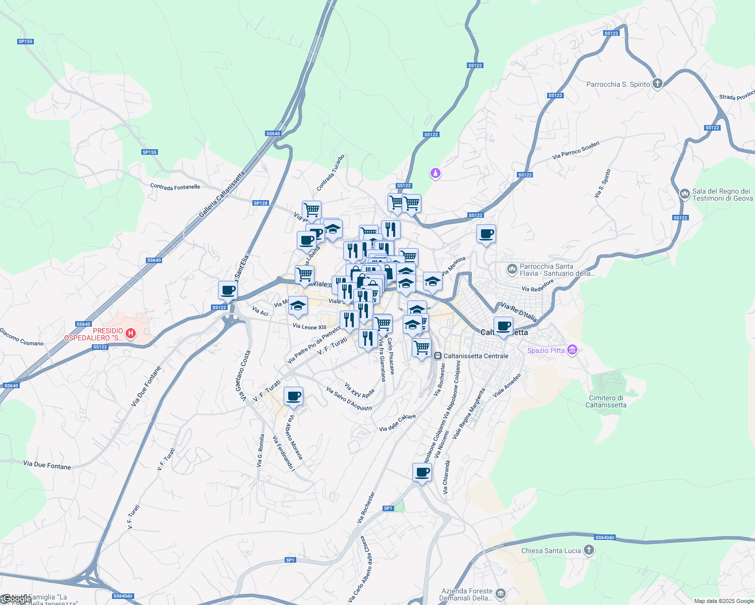 map of restaurants, bars, coffee shops, grocery stores, and more near 1 Viale della Regione in Caltanissetta