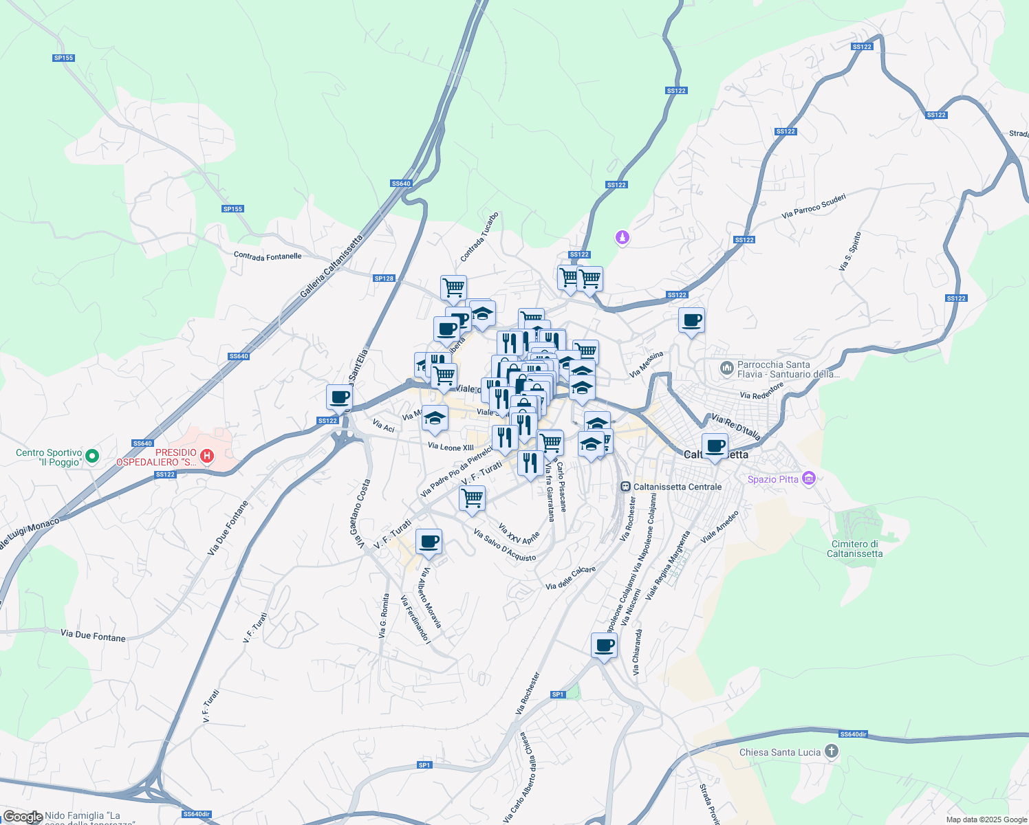 map of restaurants, bars, coffee shops, grocery stores, and more near 4-15 Via Val D'Aosta in Caltanissetta