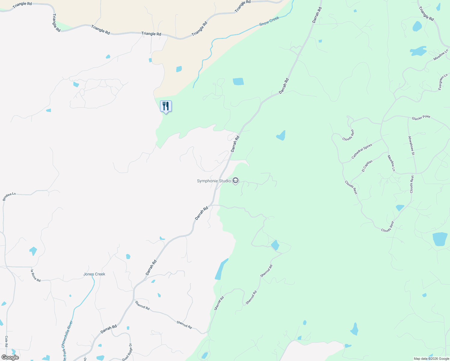 map of restaurants, bars, coffee shops, grocery stores, and more near 5566 Darrah Road in Mariposa