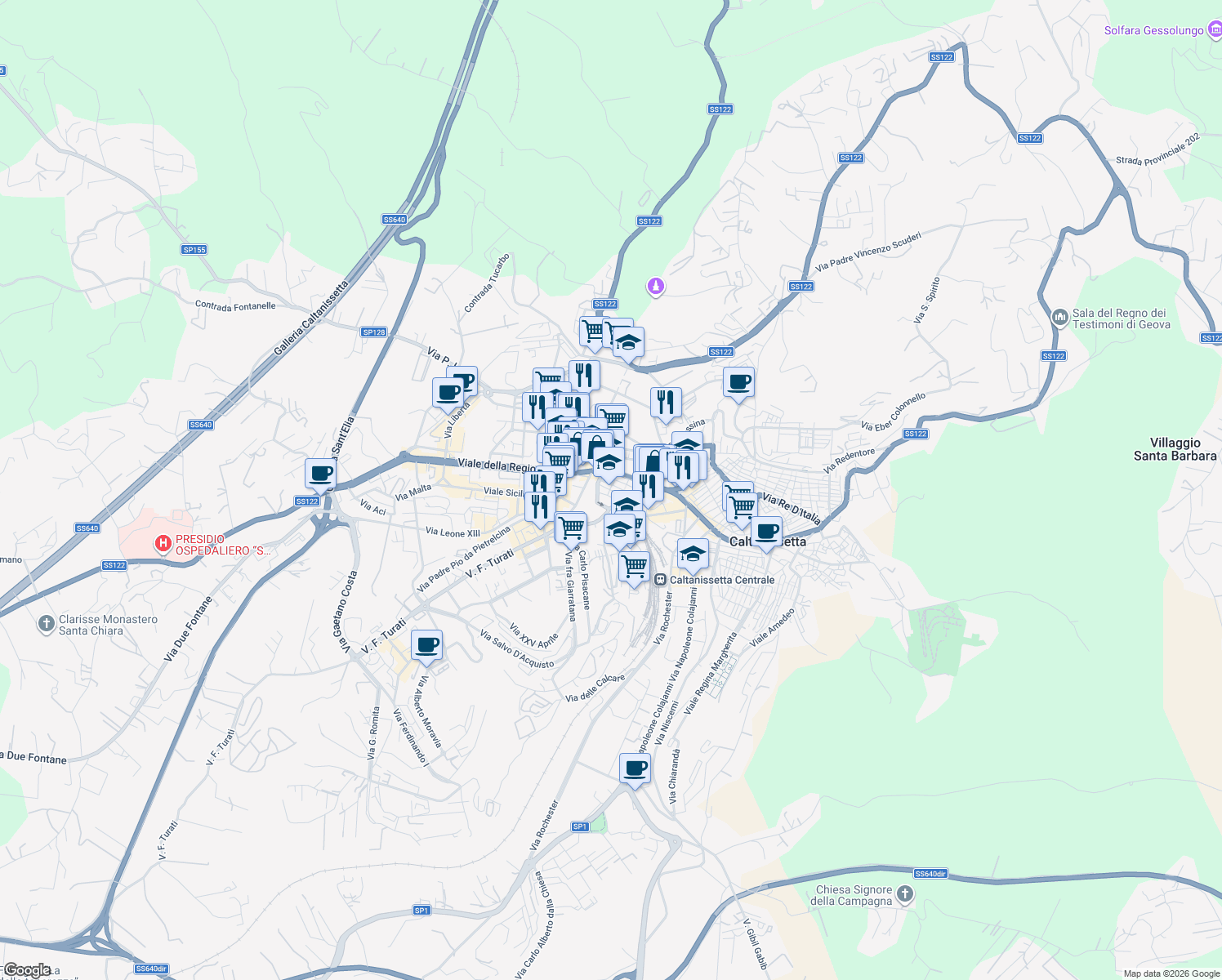 map of restaurants, bars, coffee shops, grocery stores, and more near Via Ludovico Ariosto in Caltanissetta