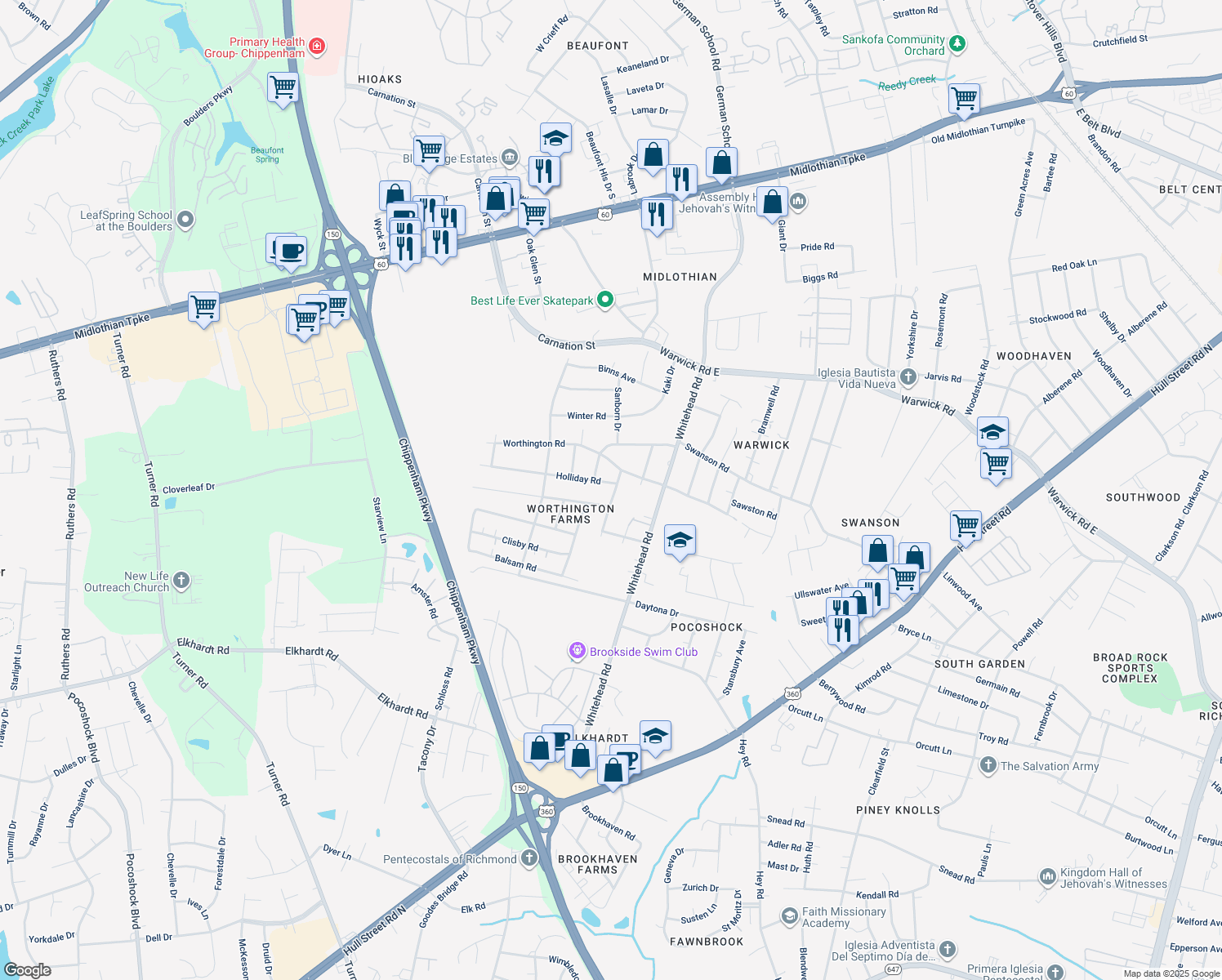 map of restaurants, bars, coffee shops, grocery stores, and more near 6301 Holliday Road in Richmond