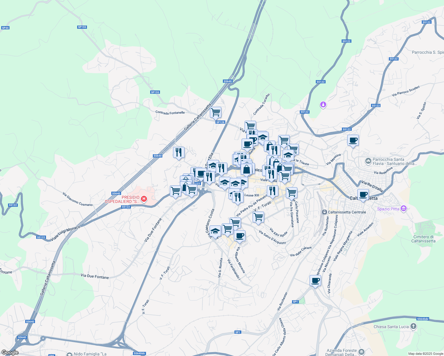 map of restaurants, bars, coffee shops, grocery stores, and more near 91 Via Malta in Caltanissetta