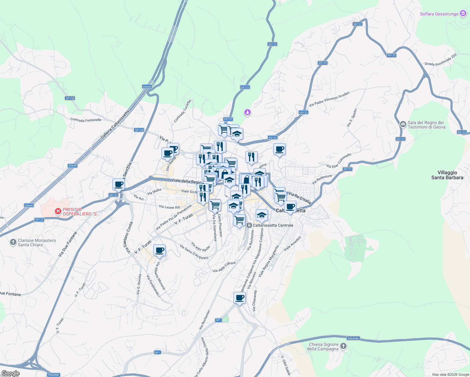 map of restaurants, bars, coffee shops, grocery stores, and more near Via Ludovico Ariosto in Caltanissetta