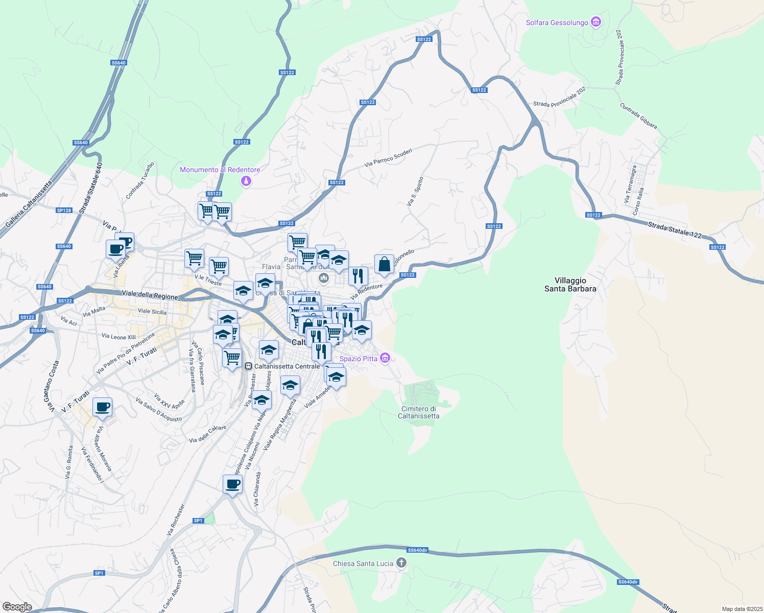 map of restaurants, bars, coffee shops, grocery stores, and more near 39 Via Tortorici in Caltanissetta
