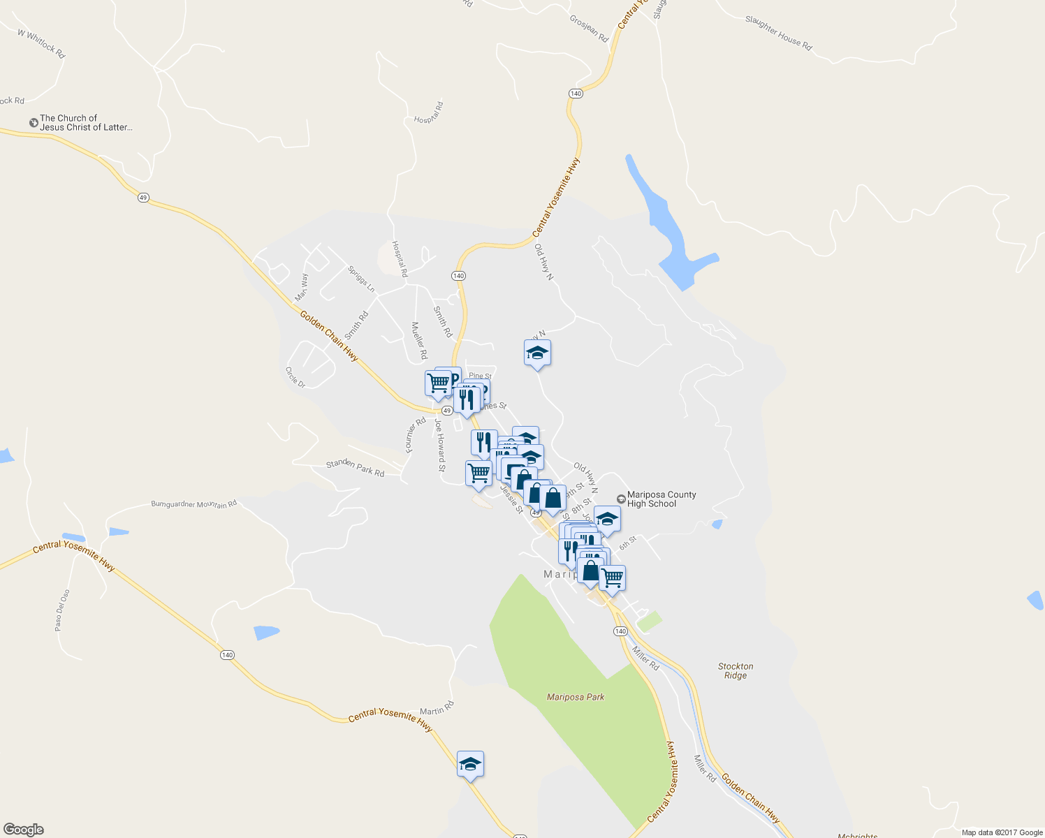 map of restaurants, bars, coffee shops, grocery stores, and more near 5140 Jones Street in Mariposa