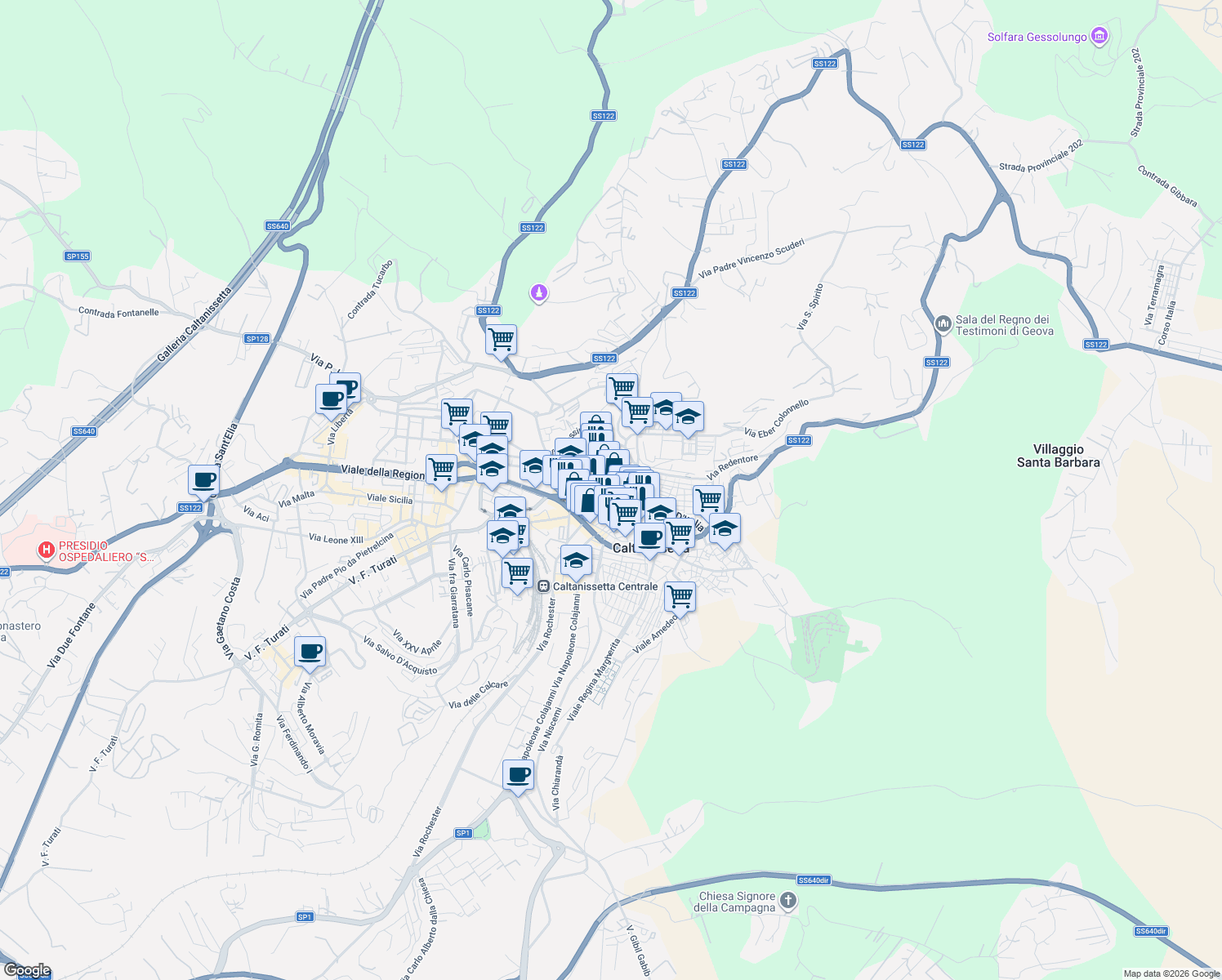 map of restaurants, bars, coffee shops, grocery stores, and more near 45 Corso Umberto I in Caltanissetta