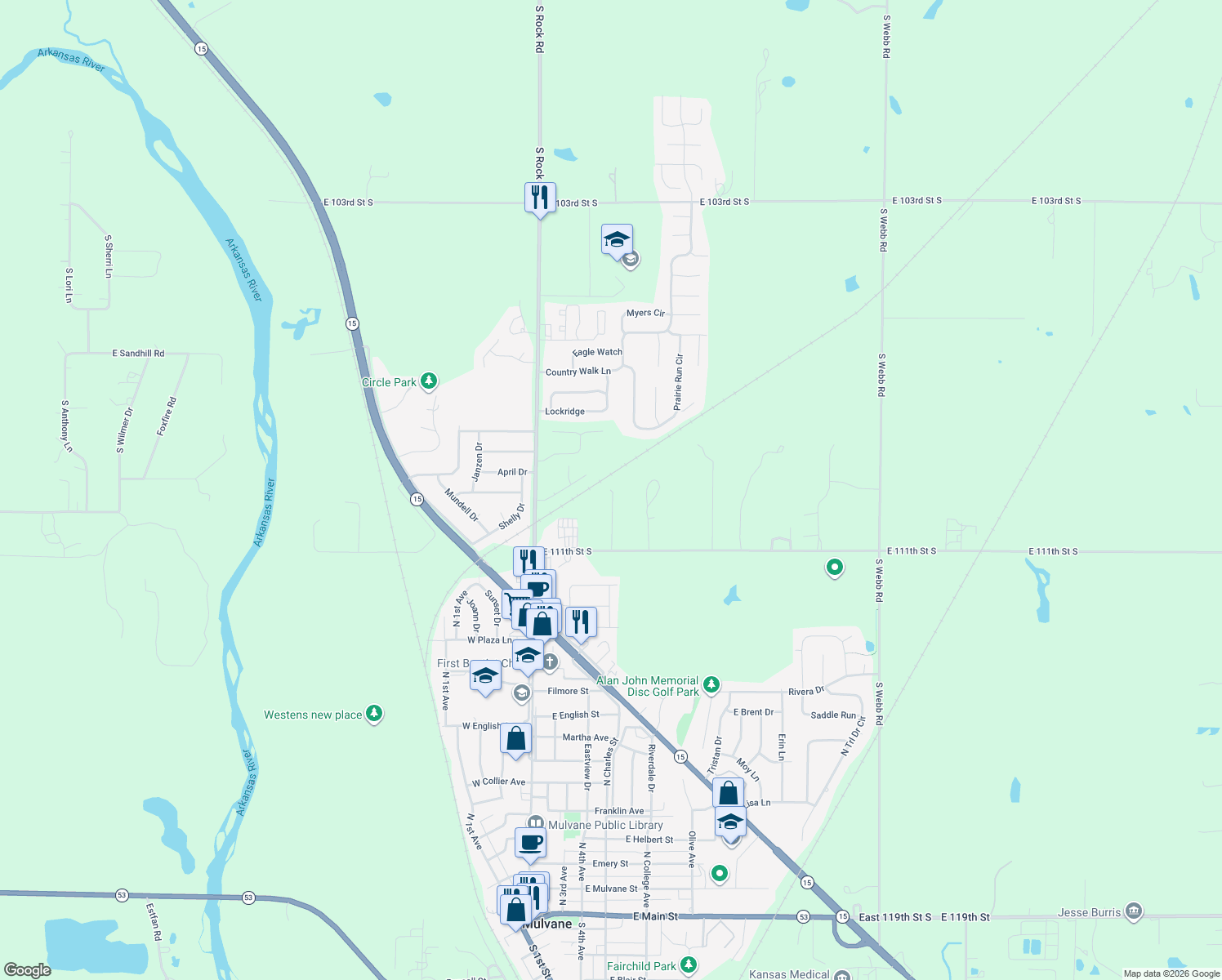 map of restaurants, bars, coffee shops, grocery stores, and more near 1499 Autumn Valley Cir in Mulvane