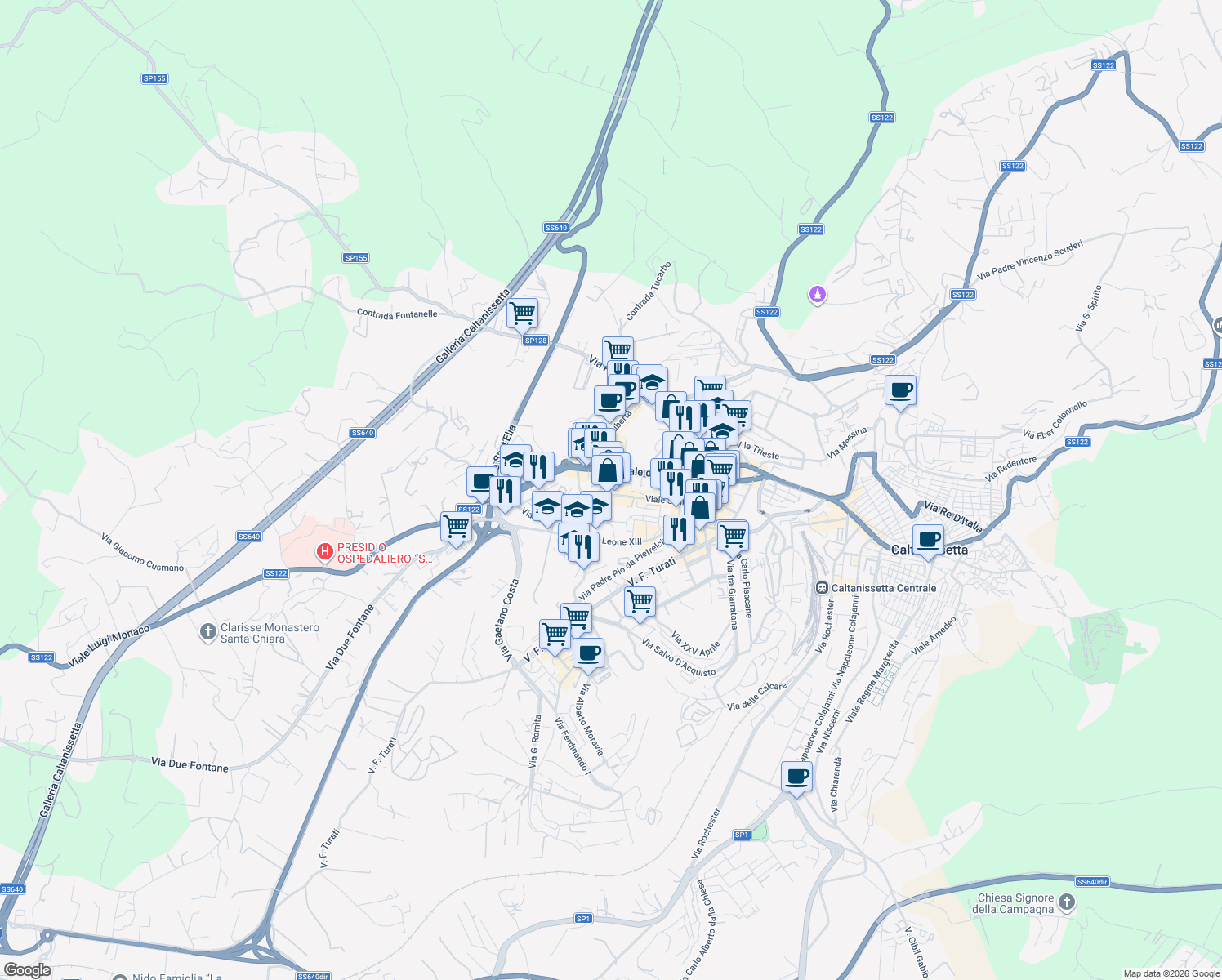 map of restaurants, bars, coffee shops, grocery stores, and more near 1-69 Via Malta in Caltanissetta