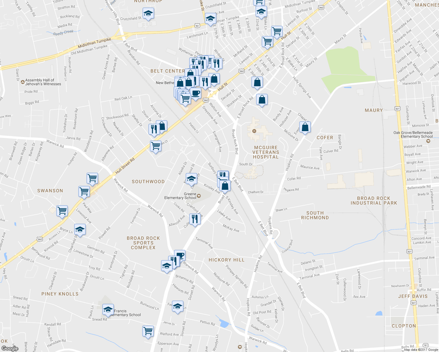 map of restaurants, bars, coffee shops, grocery stores, and more near 1625 Sunbury Road in Richmond