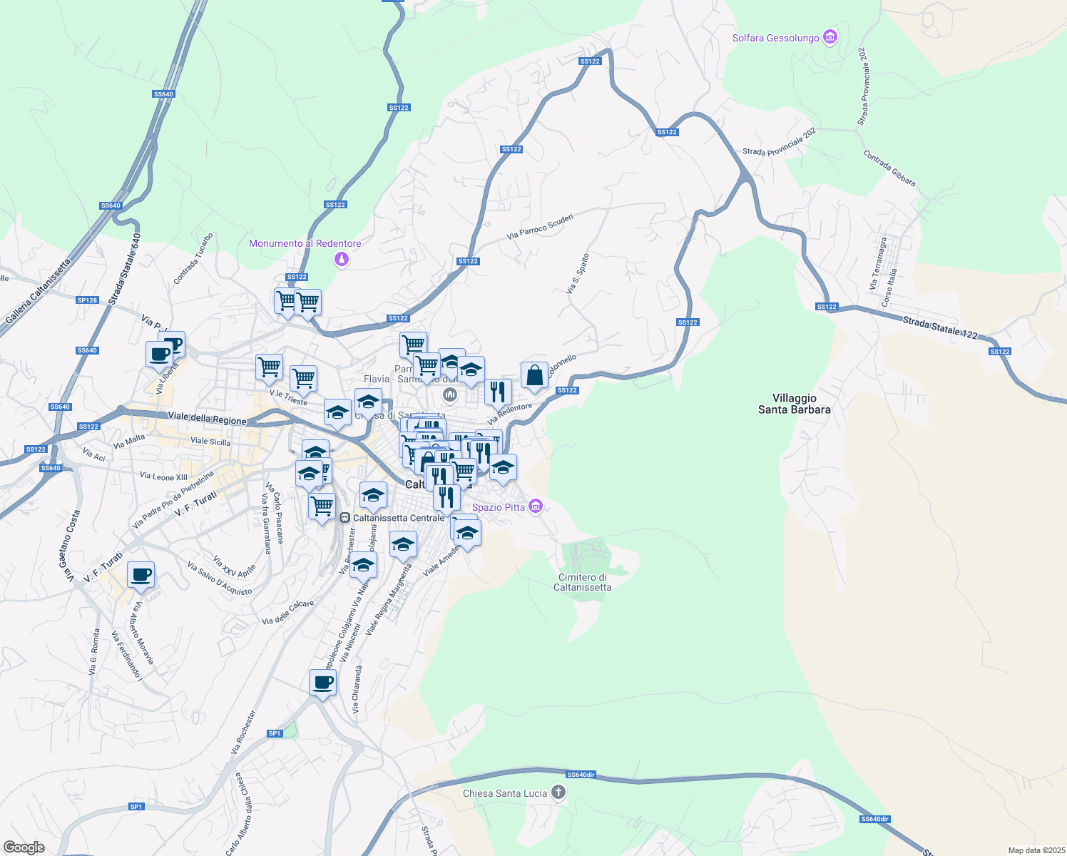 map of restaurants, bars, coffee shops, grocery stores, and more near 39 Via Tortorici in Caltanissetta