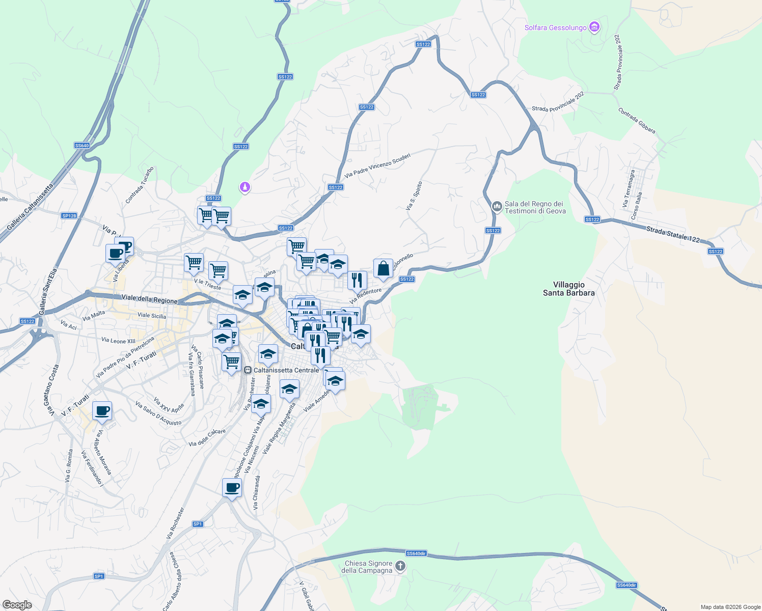 map of restaurants, bars, coffee shops, grocery stores, and more near 39 Via Tortorici in Caltanissetta