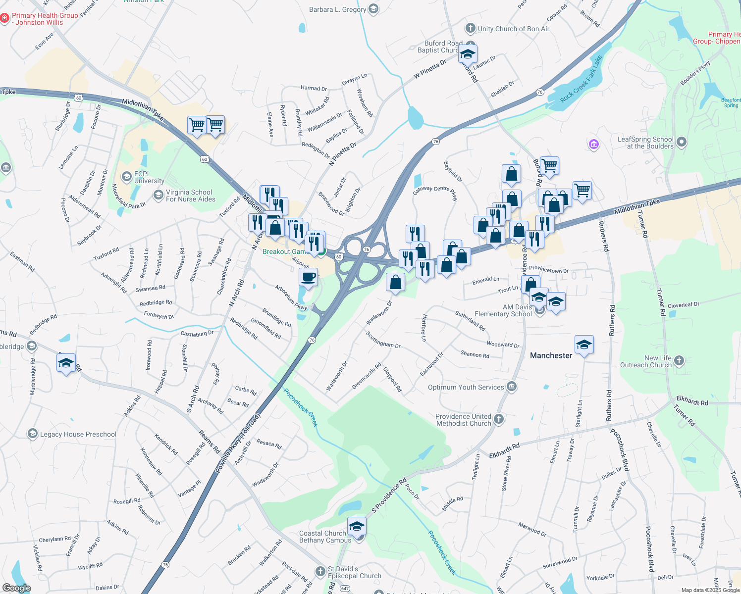 map of restaurants, bars, coffee shops, grocery stores, and more near 400 Trickling Creek Road in Richmond