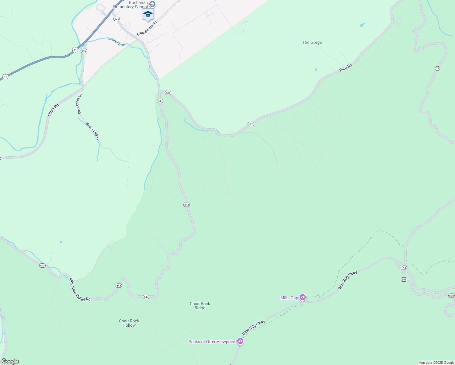 map of restaurants, bars, coffee shops, grocery stores, and more near 403 Pulaski Mine Road in Buchanan