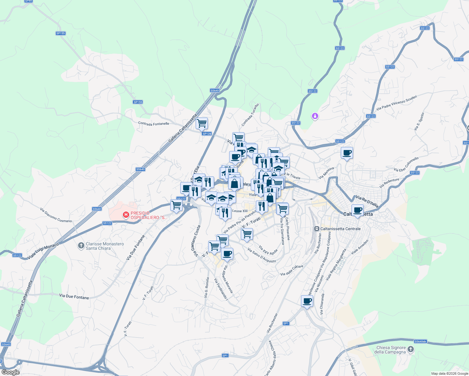 map of restaurants, bars, coffee shops, grocery stores, and more near 69 Via Malta in Caltanissetta