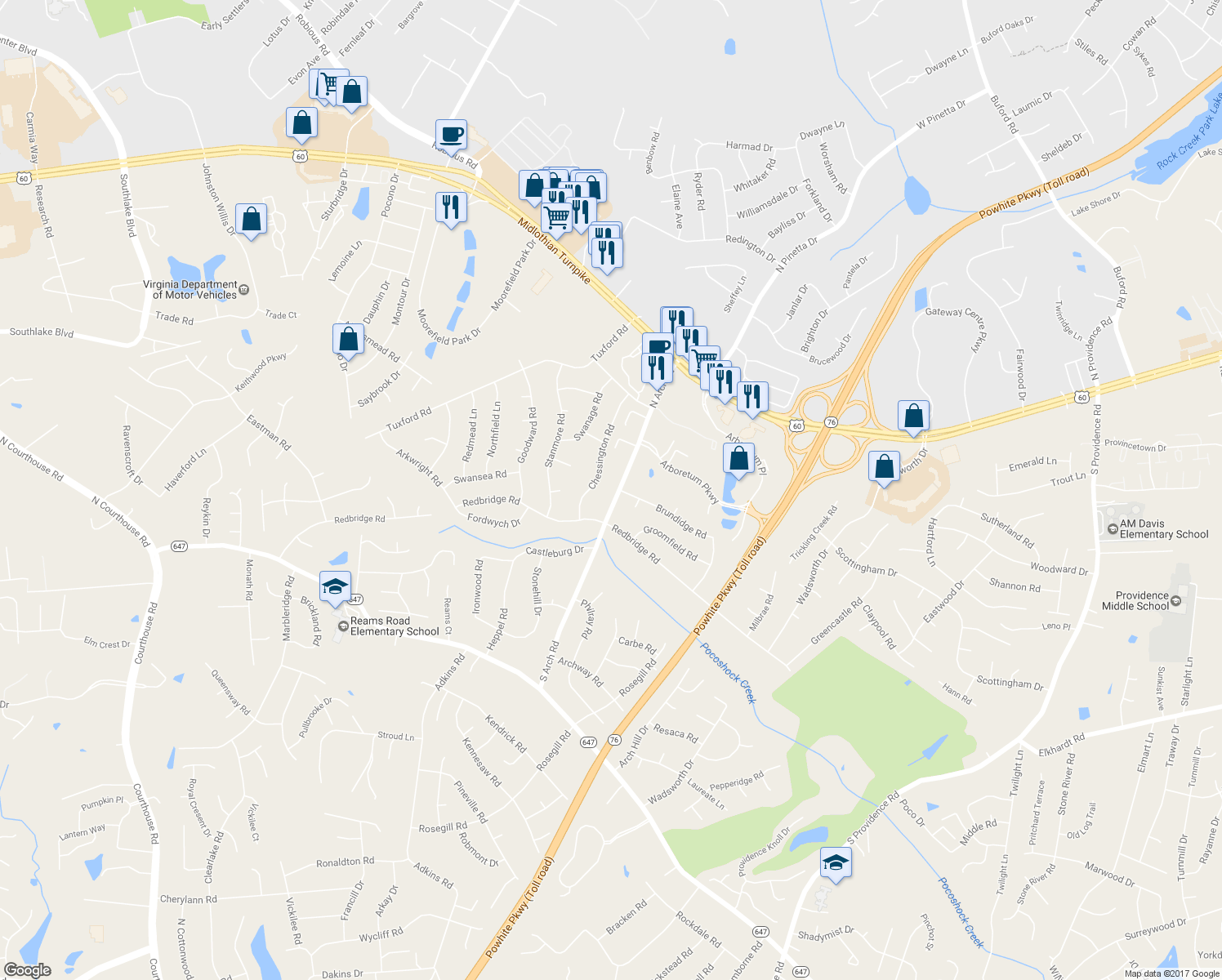 map of restaurants, bars, coffee shops, grocery stores, and more near 132 North Arch Road in Richmond