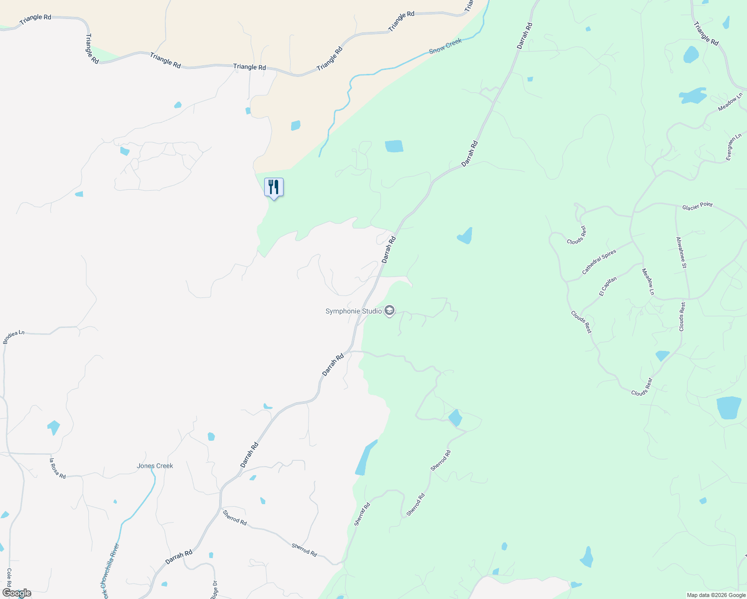 map of restaurants, bars, coffee shops, grocery stores, and more near 5566 Darrah Road in Mariposa