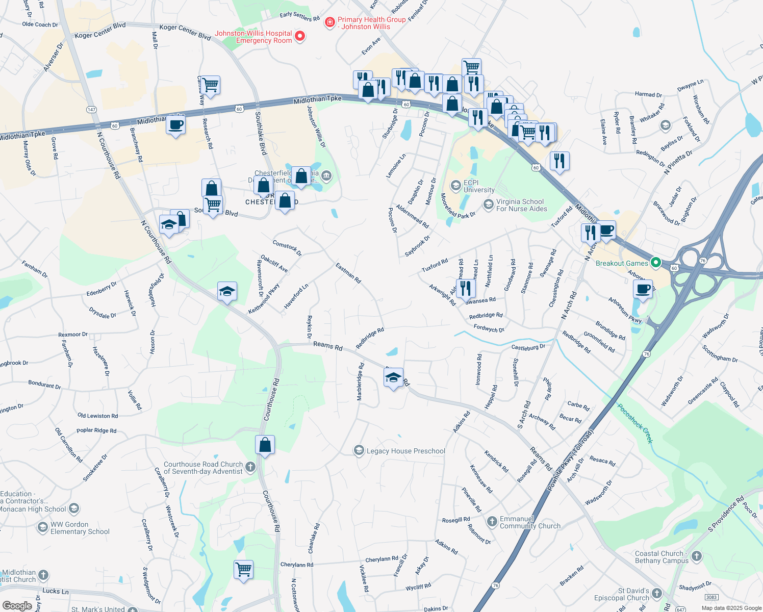map of restaurants, bars, coffee shops, grocery stores, and more near 113 Eastman Road in Richmond