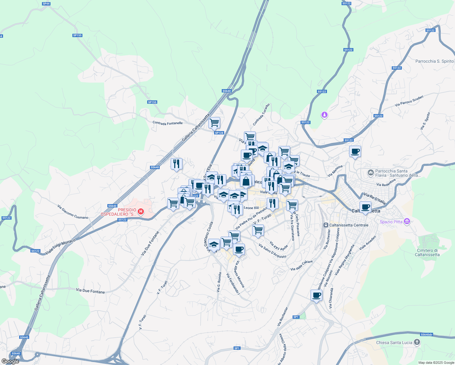 map of restaurants, bars, coffee shops, grocery stores, and more near 83-91 Via Malta in Caltanissetta