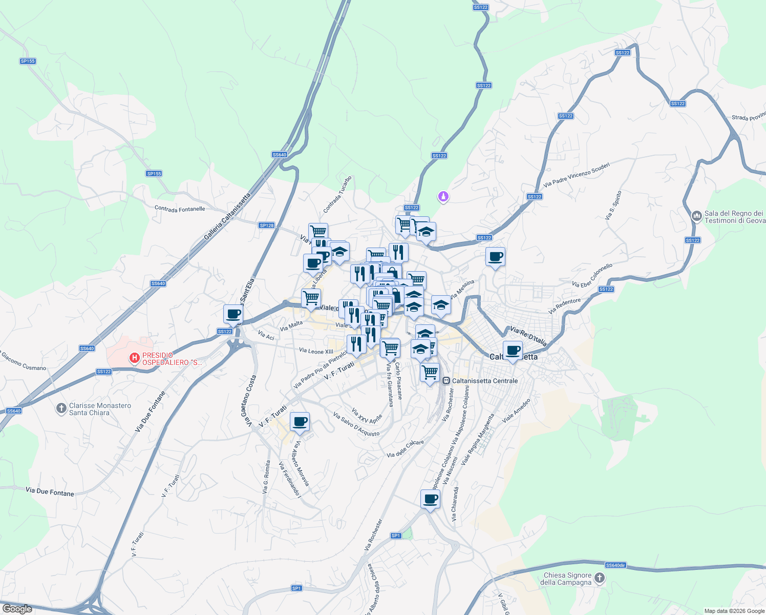 map of restaurants, bars, coffee shops, grocery stores, and more near 20 Via Piave in Caltanissetta