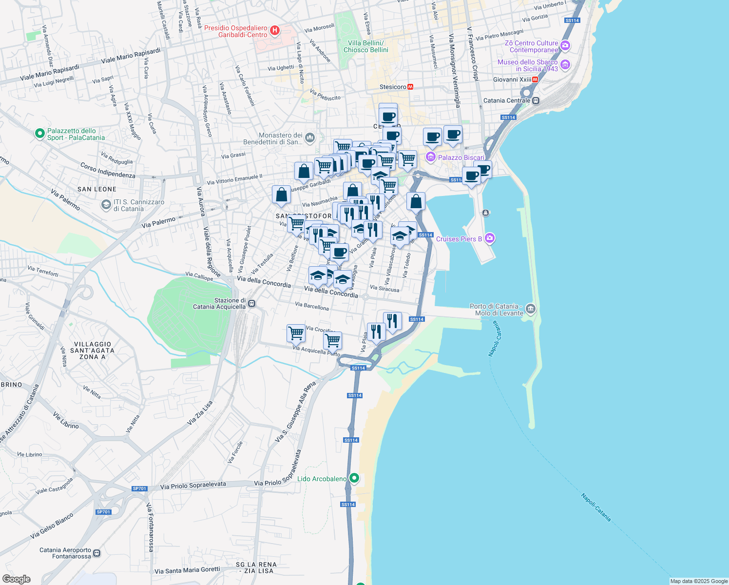 map of restaurants, bars, coffee shops, grocery stores, and more near 21 Piazza Caduti del Mare in Catania