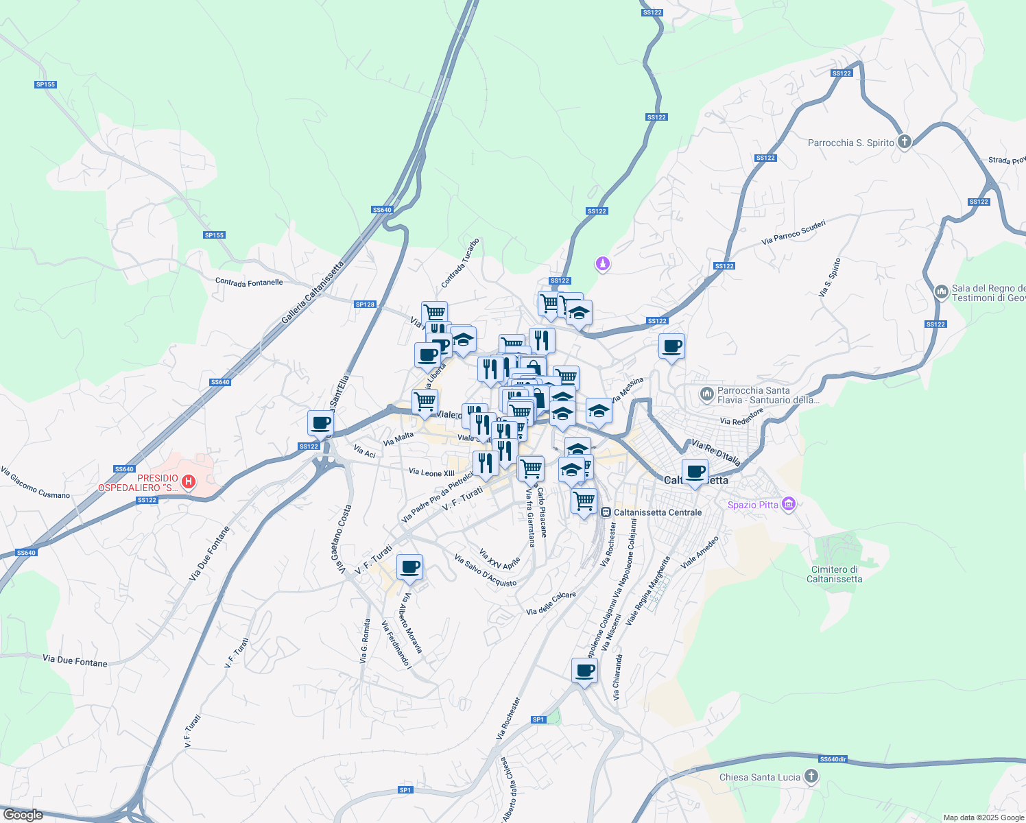 map of restaurants, bars, coffee shops, grocery stores, and more near 1 Viale della Regione in Caltanissetta