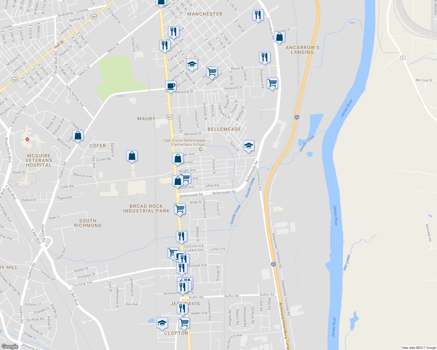 map of restaurants, bars, coffee shops, grocery stores, and more near 2215 Warwick Avenue in Richmond