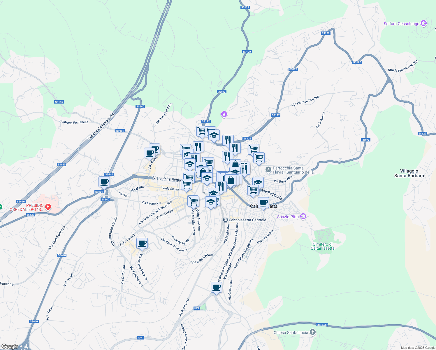 map of restaurants, bars, coffee shops, grocery stores, and more near 2-96 Via Edmondo de Amicis in Caltanissetta
