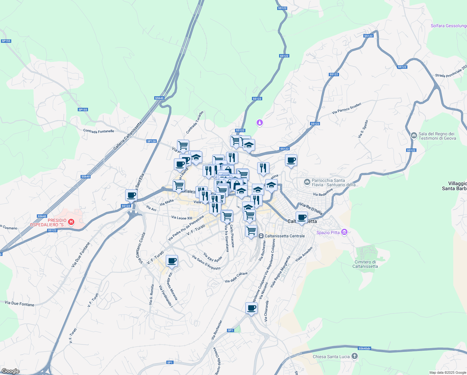 map of restaurants, bars, coffee shops, grocery stores, and more near 116 Via Pier Maria Rosso di San Secondo in Caltanissetta