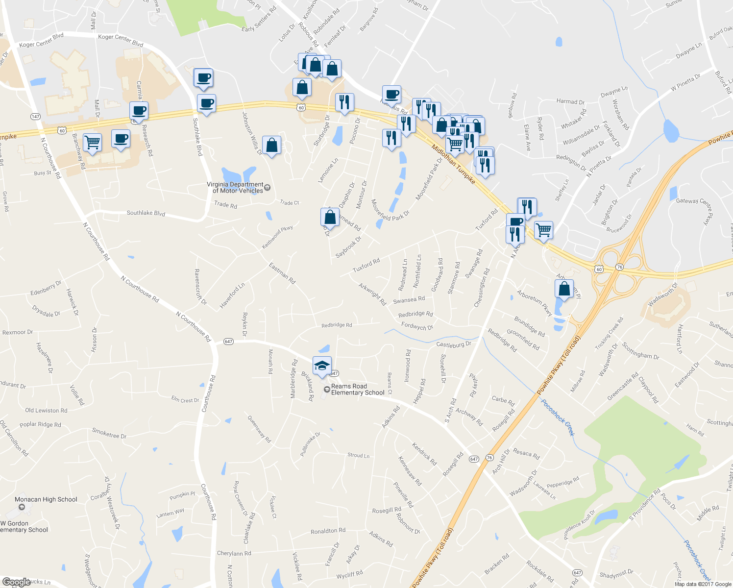 map of restaurants, bars, coffee shops, grocery stores, and more near 120 Arkwright Rd in Richmond