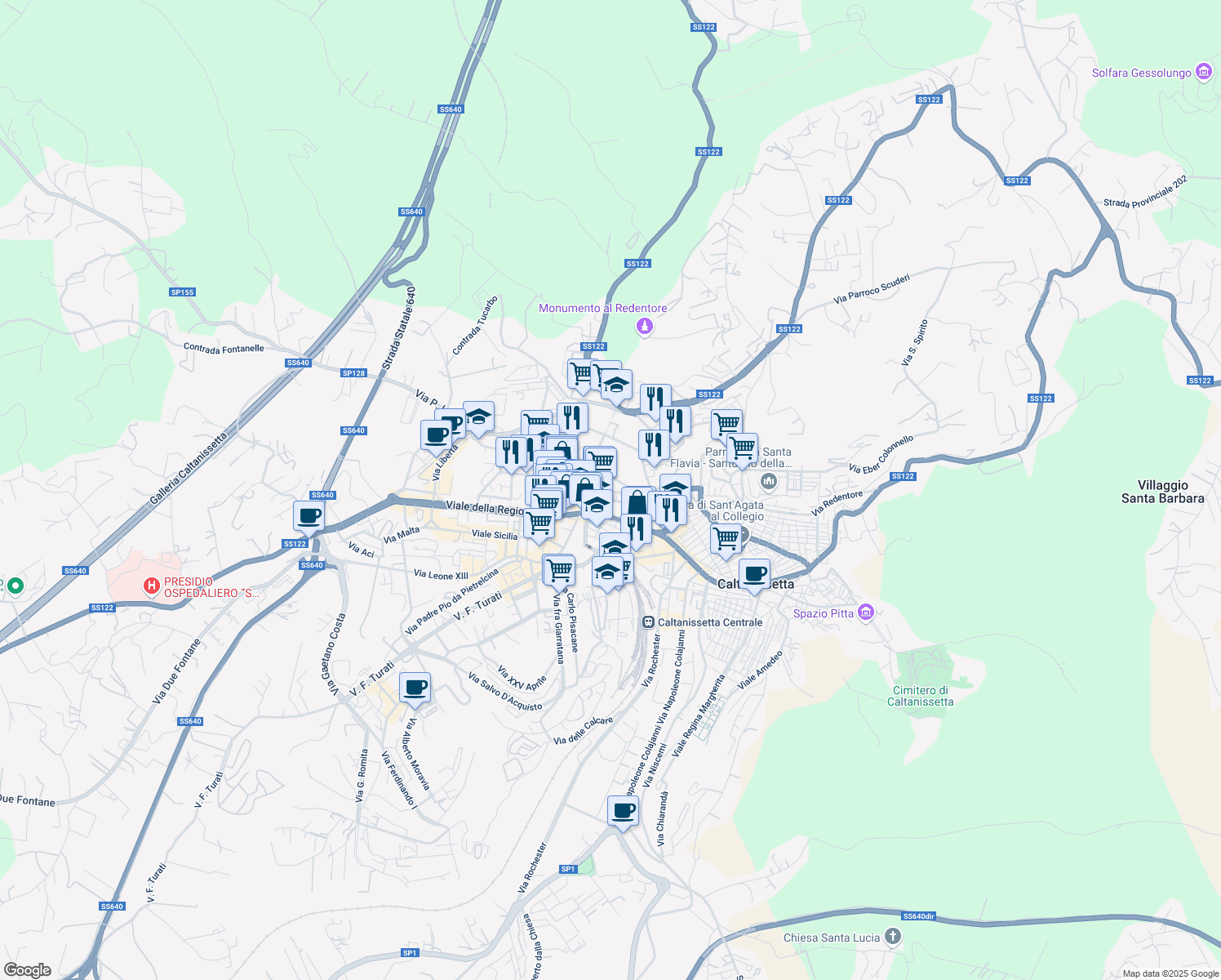 map of restaurants, bars, coffee shops, grocery stores, and more near 89 Viale Trieste in Caltanissetta