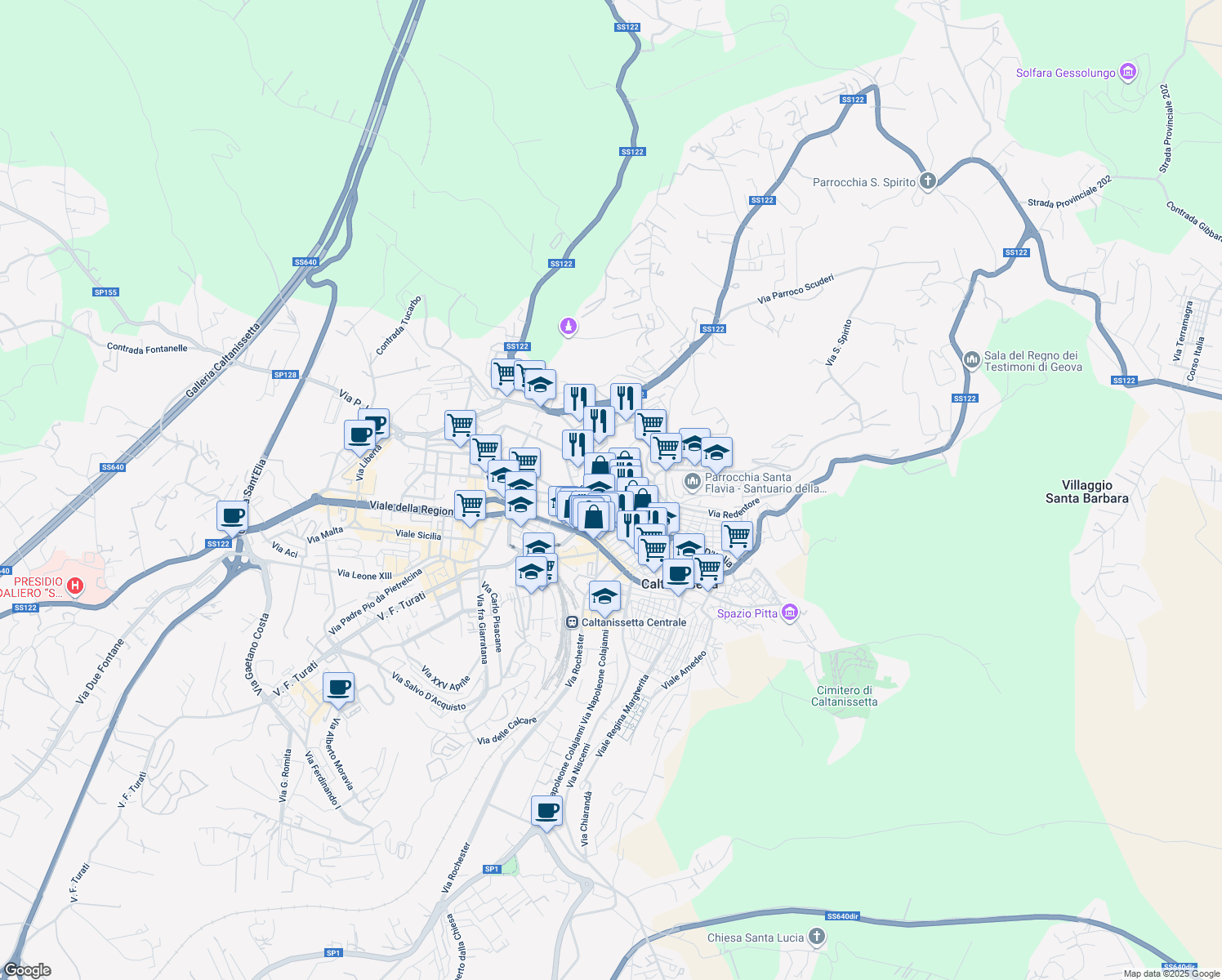 map of restaurants, bars, coffee shops, grocery stores, and more near Piazza Capuana Luigi in Caltanissetta