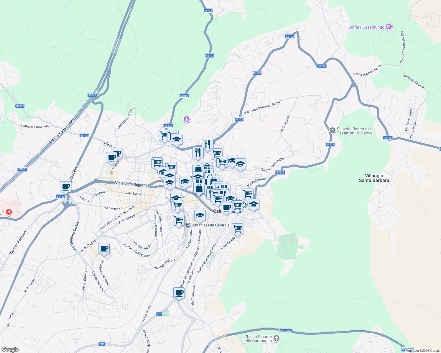map of restaurants, bars, coffee shops, grocery stores, and more near 19 Via San Giovanni Bosco in Caltanissetta