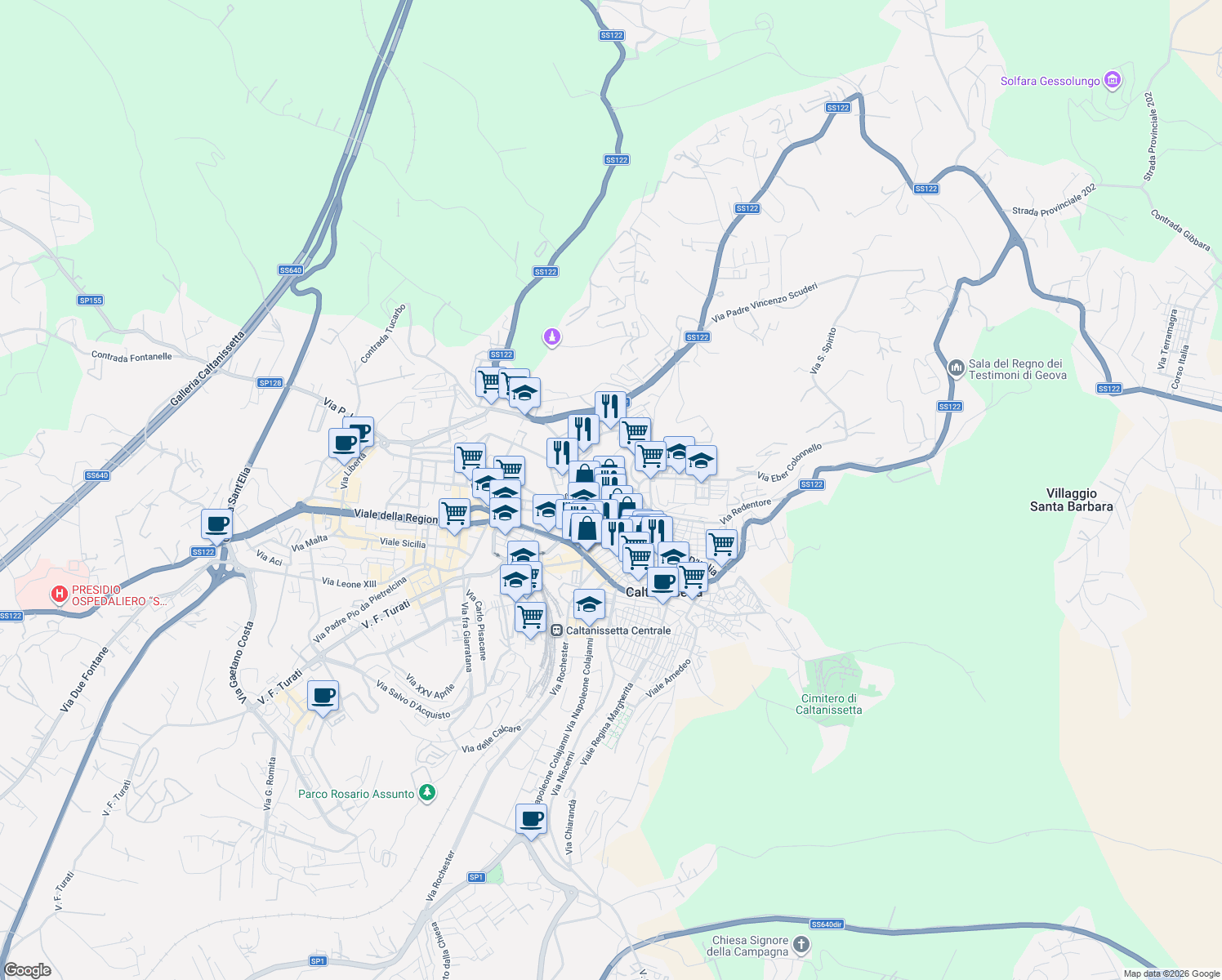 map of restaurants, bars, coffee shops, grocery stores, and more near 3 Via Arimondi in Caltanissetta