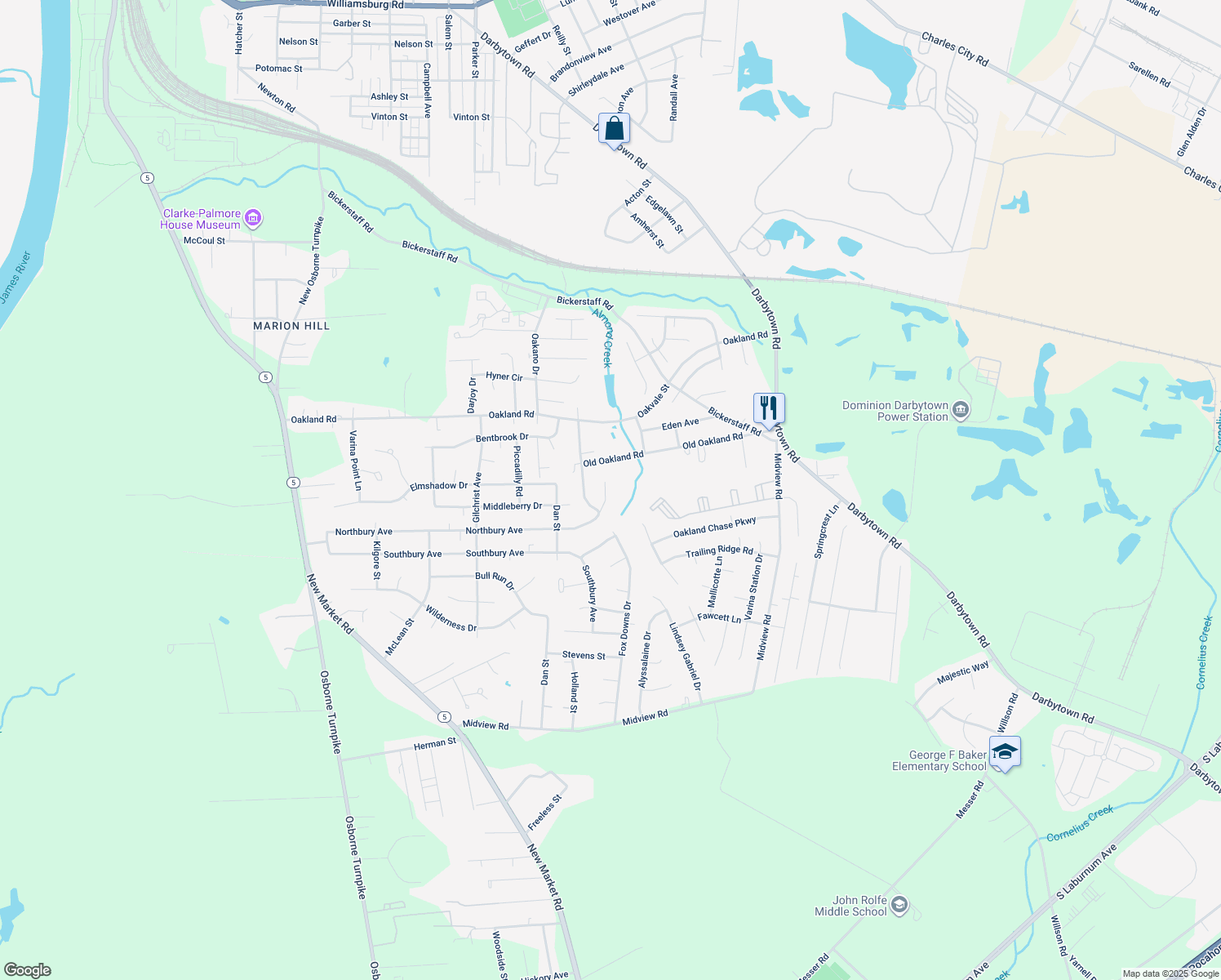 map of restaurants, bars, coffee shops, grocery stores, and more near 6725 Northbury Court in Henrico