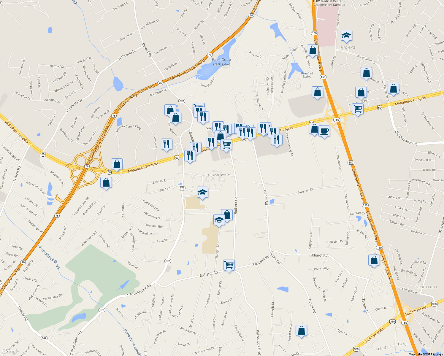 map of restaurants, bars, coffee shops, grocery stores, and more near 7829 Provincetown Drive in Richmond