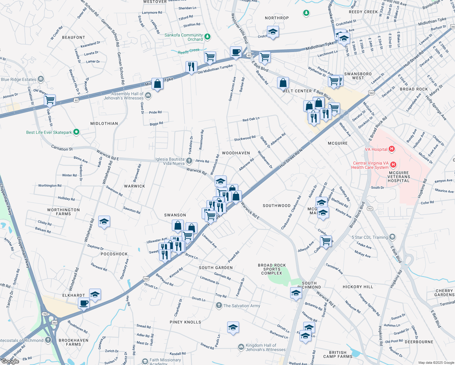 map of restaurants, bars, coffee shops, grocery stores, and more near 5132 Alberene Road in Richmond