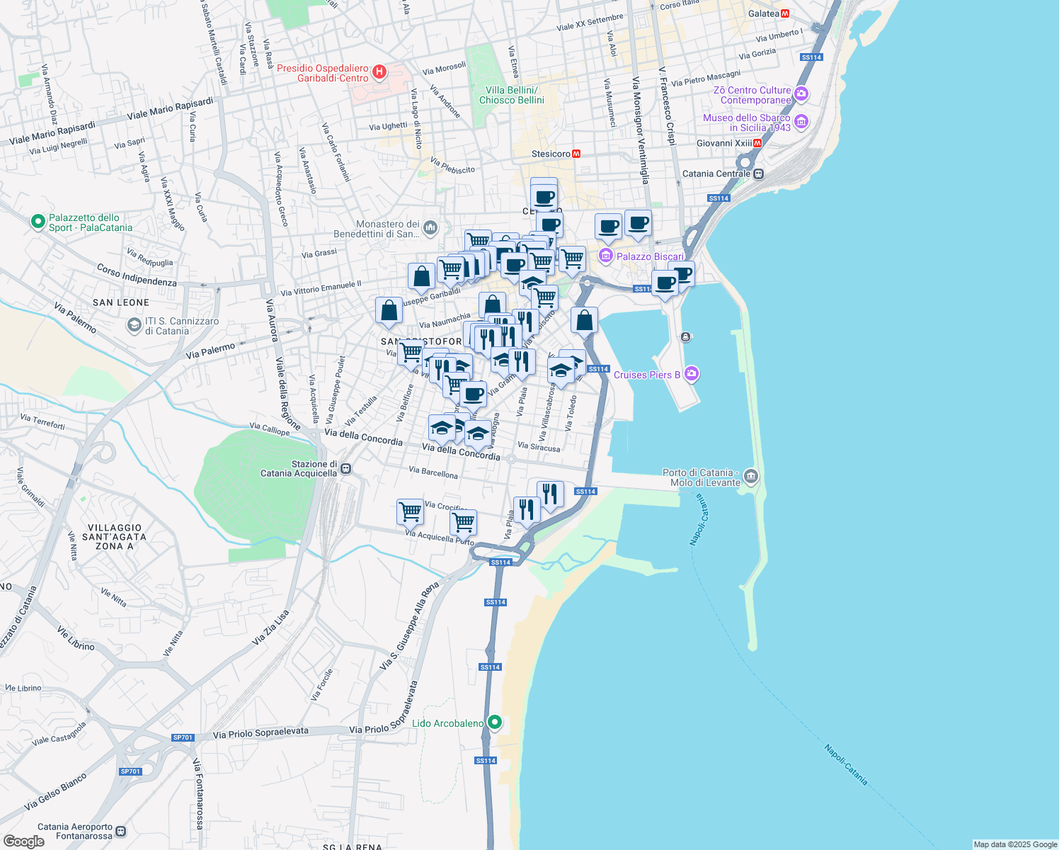 map of restaurants, bars, coffee shops, grocery stores, and more near 21 Piazza Caduti del Mare in Catania